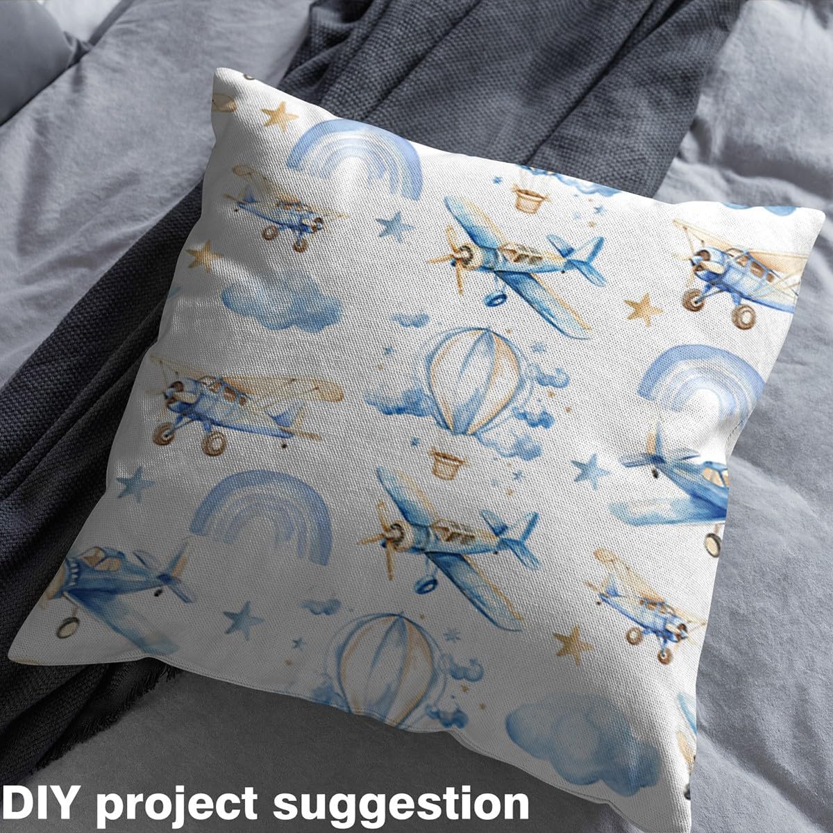 Blue Aircrafts Boys Fabric by The Yard,Kids Teens Hot Air Balloon Decorative Fabrics,Cartoon Airplane Quilting Supplies for Sewing,Dreamy Rainbow Stars DIY Crafts,2 Yards,72" L x 59" W