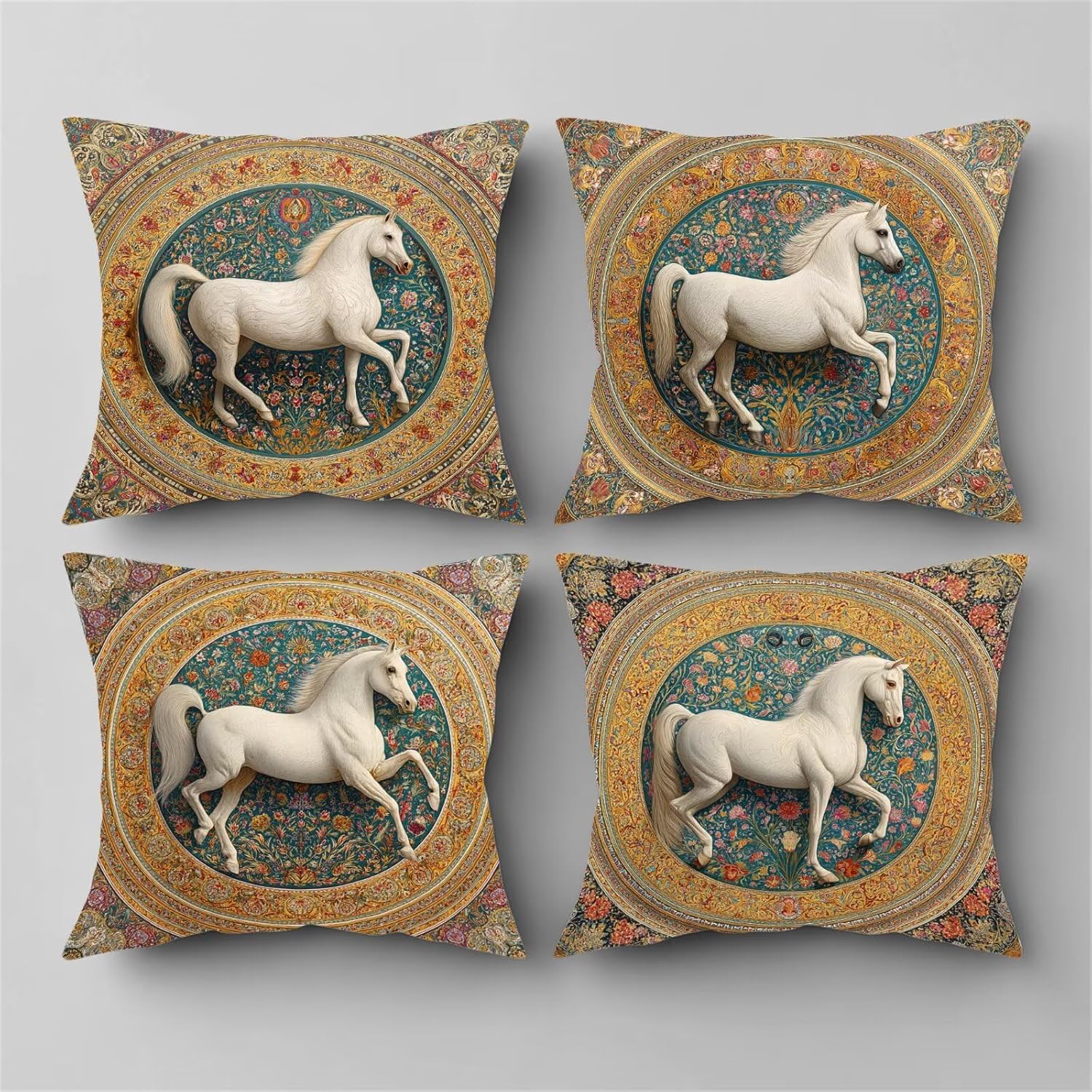 Outdoor Throw Pillow Covers 24x24in Patio Furniture Set of 4, White Square Pillow Covers Waterproof Outdoor Cushions Cases Double-Sided Printing Horse Bedding for Sofa Room Decor Gifts JXL-13624