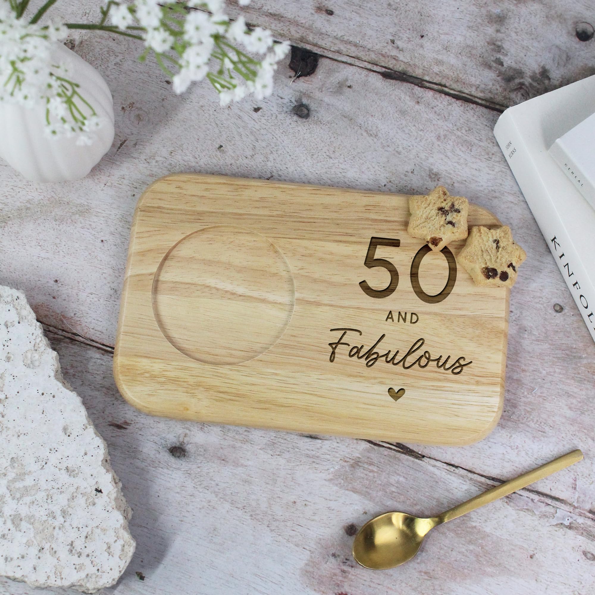 eBuyGB Engraved Tea & Biscuits Board, 50 and Fabulous Milestone Birthday, 50th Birthday Gift for Her, Mum, Auntie, Friend, Wood Treat Board