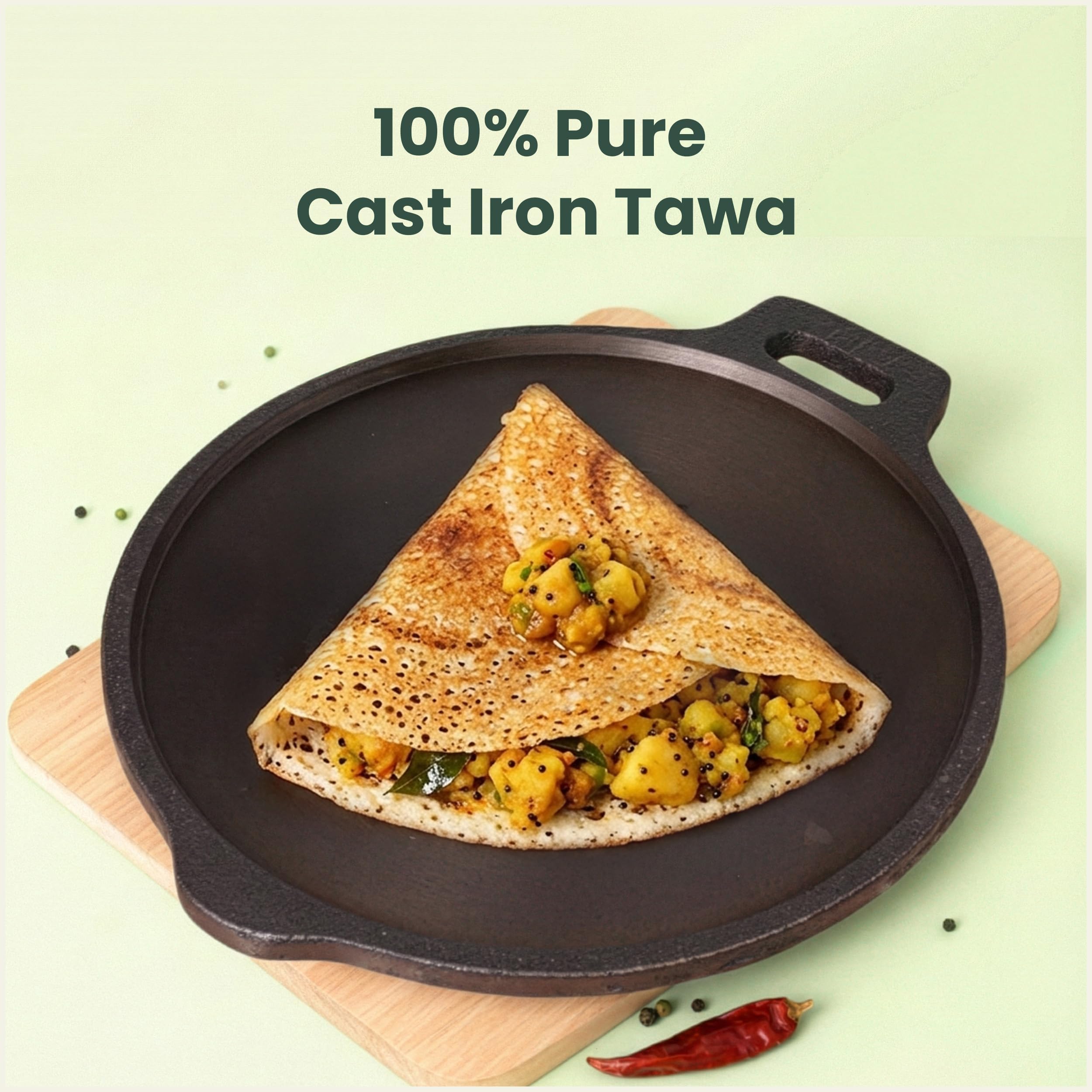 The Indus Valley Super Smooth Cast Iron Tawa with Free Wooden Spatula for Dosa/Chapathi | 27.6cm/10.8 inch, 2kg | Induction Friendly | Naturally Nonstick, 100% Pure & Toxin-Free 1
