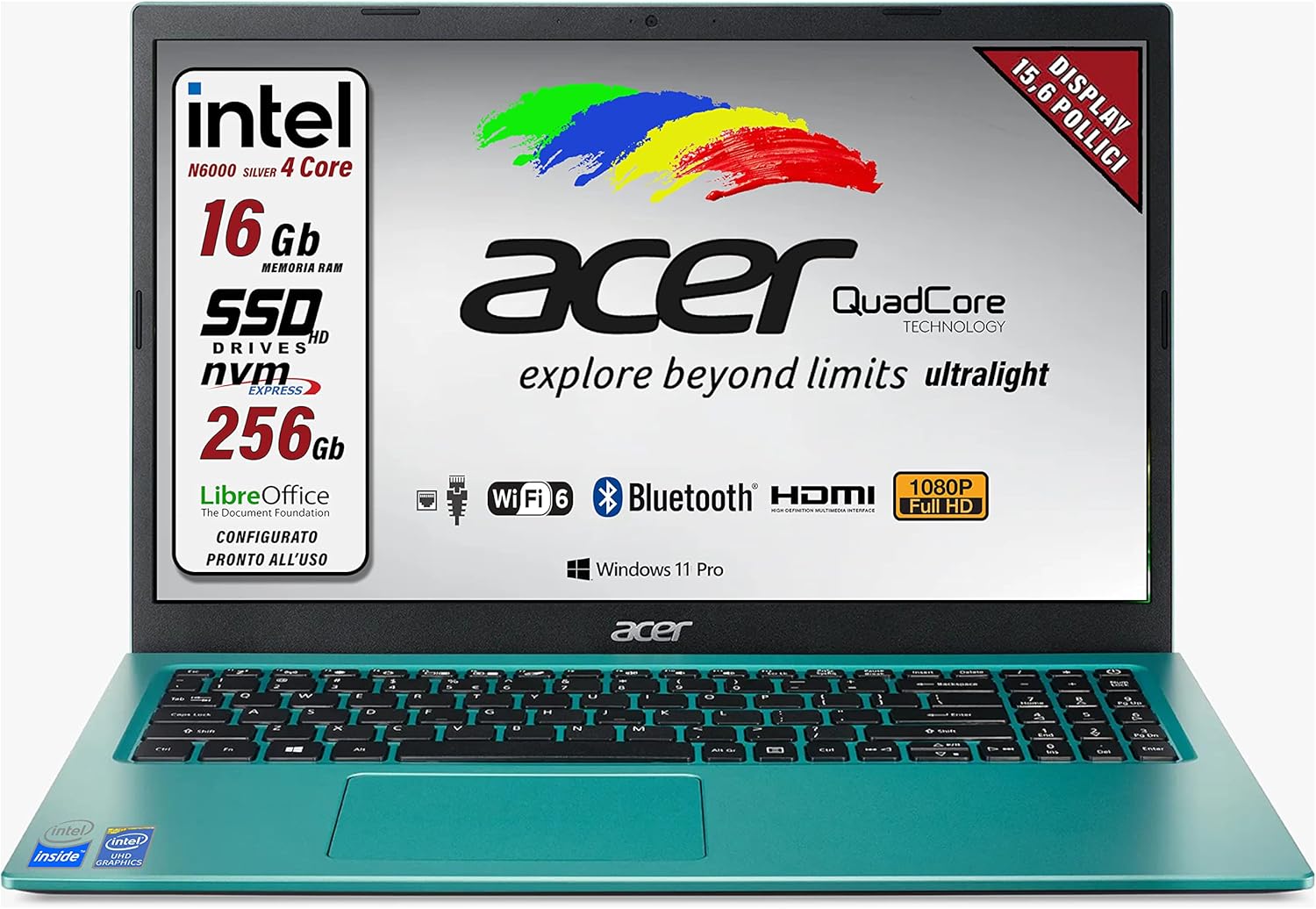 Acer Notebook ultraleggero Intel N 6000 4 Core, SSD M2 PCi 256Gb, Ram 16 Gb DDR4, Display FHD da 15,6, Web cam, Usb, hdmi, bt, lan, wi-fi, Win 11 Pro, Libre Office, Pronto alluso Gar. Italiana Acer Notebook ultraleggero Intel N 6000 4 Core, SSD M2 PCi 256Gb, Ram 16 Gb DDR4, Display FHD da 15,6, Web cam, Usb, hdmi, bt, lan, wi-fi, Win 11 Pro, Libre Office, Pronto alluso Gar. Italiana