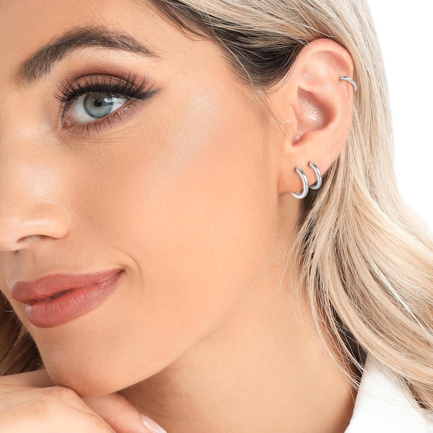 3 Pairs 925 Sterling Silver Hoop Earrings 14K White Gold Plated Small Silver Hoops Cartilage Huggie Earrings for Women Men - Image 5