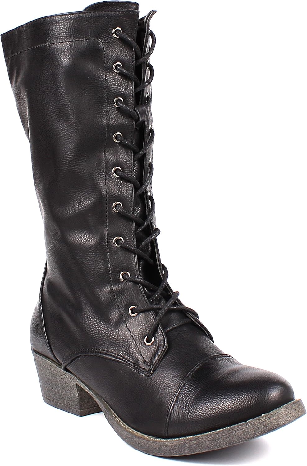 Fashion Lace up Zip Combat Military Faux Leather 2 Tone