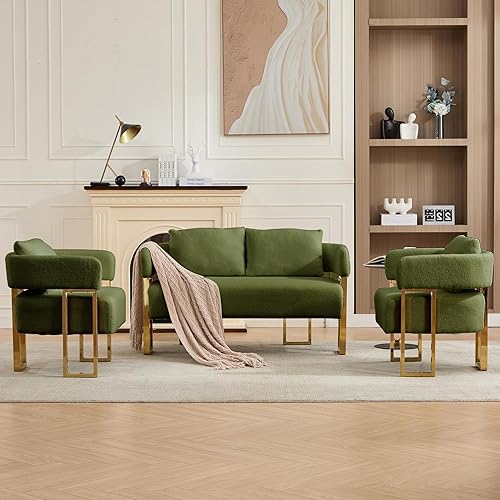 Miniatura 9 de Sofá de dos plazas y 2 sillas de acento, sofá cómodo, sillas de acento modernas para sala de estar con patas doradas, sillones de lectura tapizados