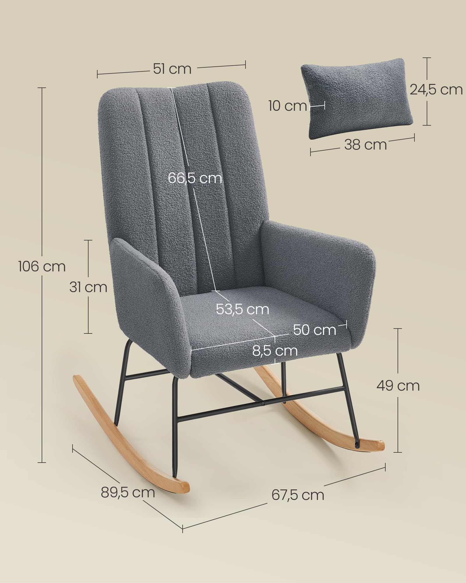 SONGMICS HOME Fotel bujany z podłokietnikami, fotel relaksacyjny, pokryty polarem, stalowa rama, gumowe nóżki z drewna, nośność do 160 kg, do sypialni, salonu, łupkowy szary LYY500G01