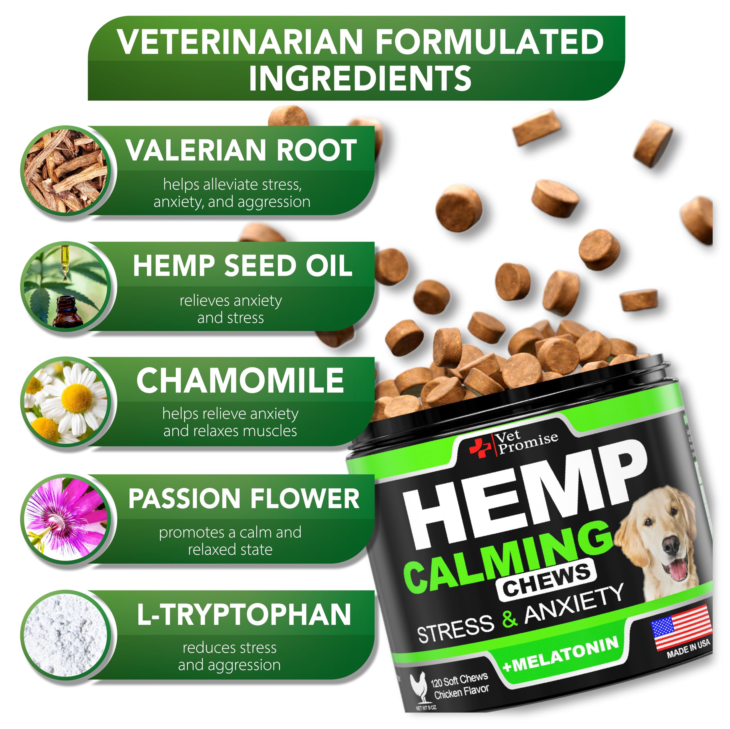 Masticables calmantes de cáñamo para perros con ansiedad y estrés, golosinas calmantes para perros, alivio de la ansiedad del perro, separación, viajes, ladridos, melatonina para perros, aceite de