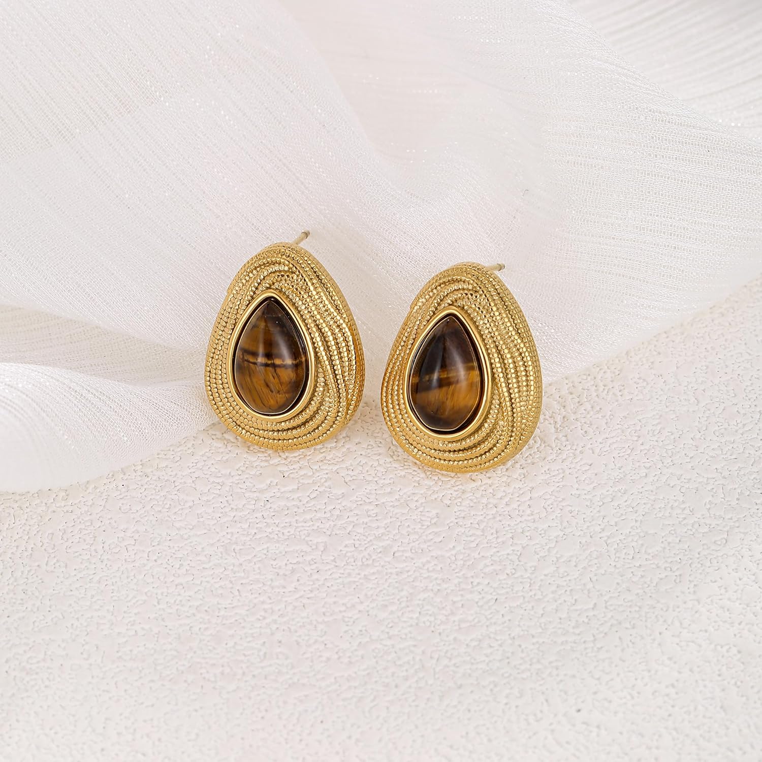 Chunky Tiger Eye Stud Earrings for Women Statement Gold And Brown Earrings Brown Accessories Fashion Jewelry - Image 3