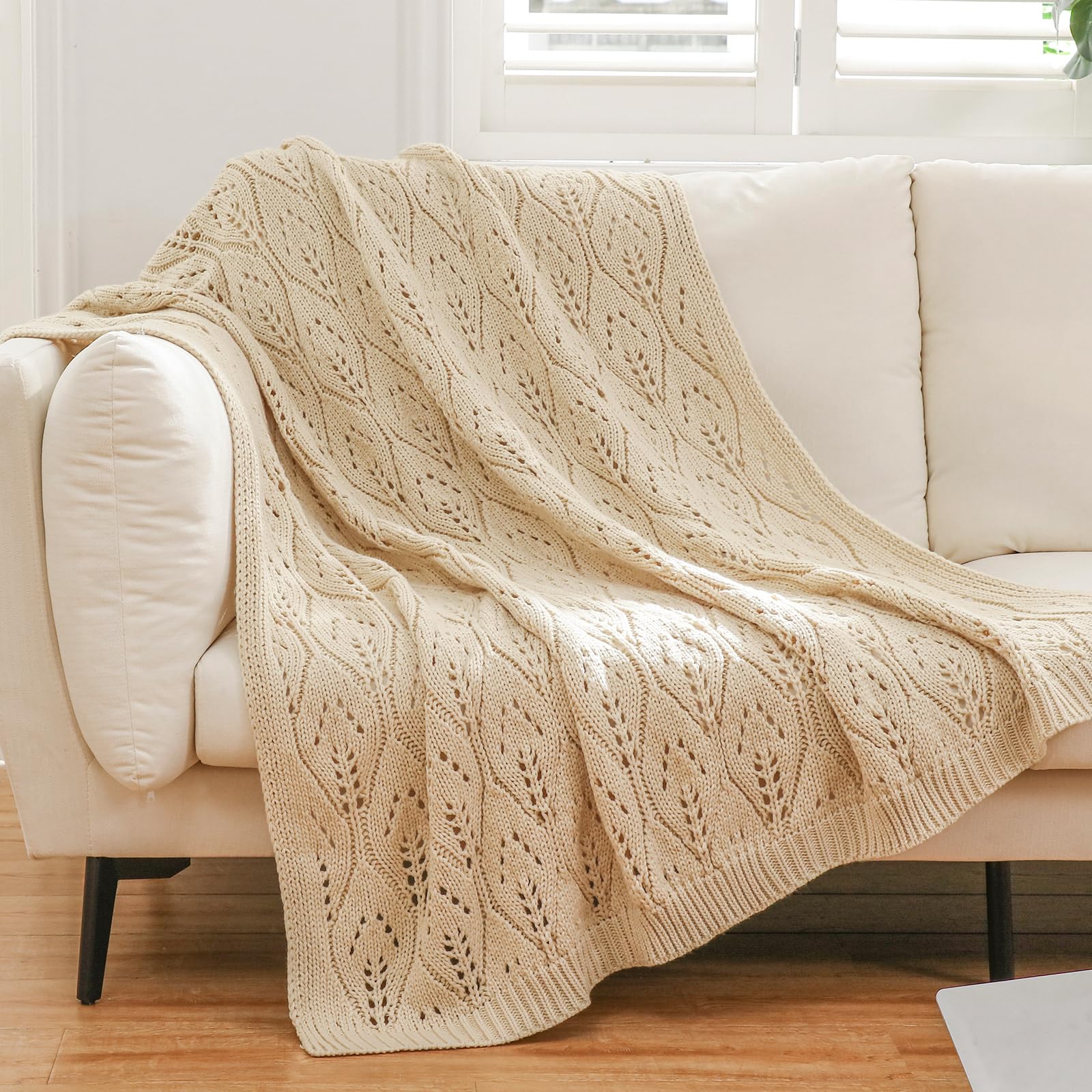 Photo 1 of Bigacogo Pointelle Knit Throw Blanket for Couch, Chunky Acrylic Leaf Texture Decorative Farmhouse Crochet Blankets & Throws,Soft Cable Knitted Throw Blankets for Bed Sofa Chair, 50"x60", Beige