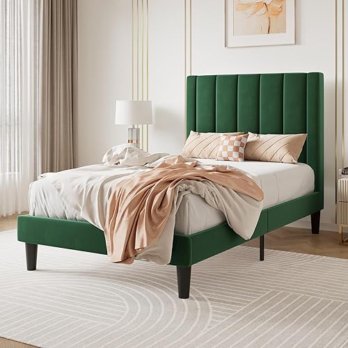 Miniatura 89 de SHA CERLIN Marco de cama matrimonial/plataforma tapizada de terciopelo con cabecero, soporte de listones de madera resistente, base de colchón, no