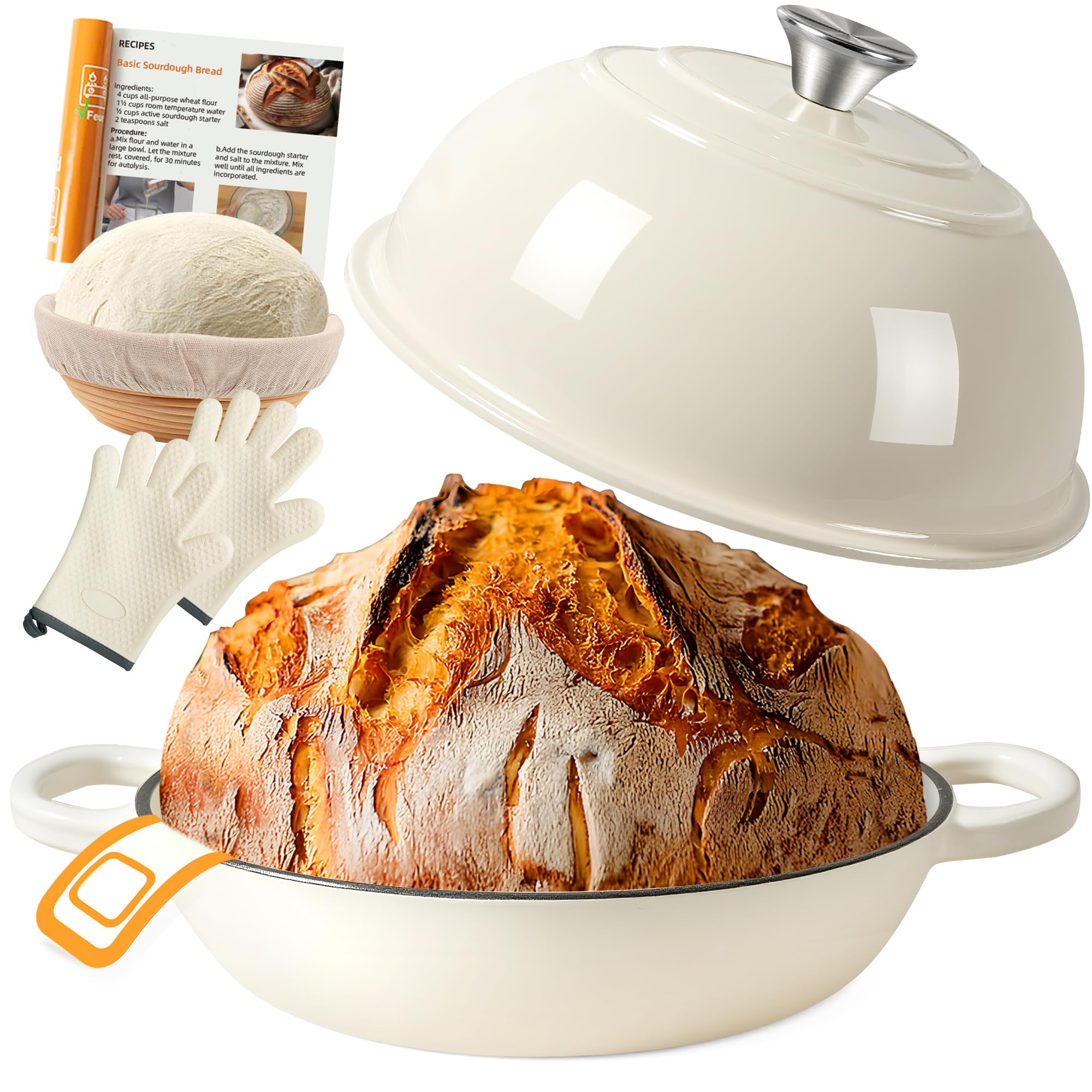 Gusseisen Topf Brot Backen,5,7L Bräter Emaille Schmortopf mit Deckel und Griffen,26 cm Dutch Oven,Brotbacktopf mit Gärkorb,Schmortopf Gusseisen Topf für Küche Backen Schmoren & Braten (Weiß)
