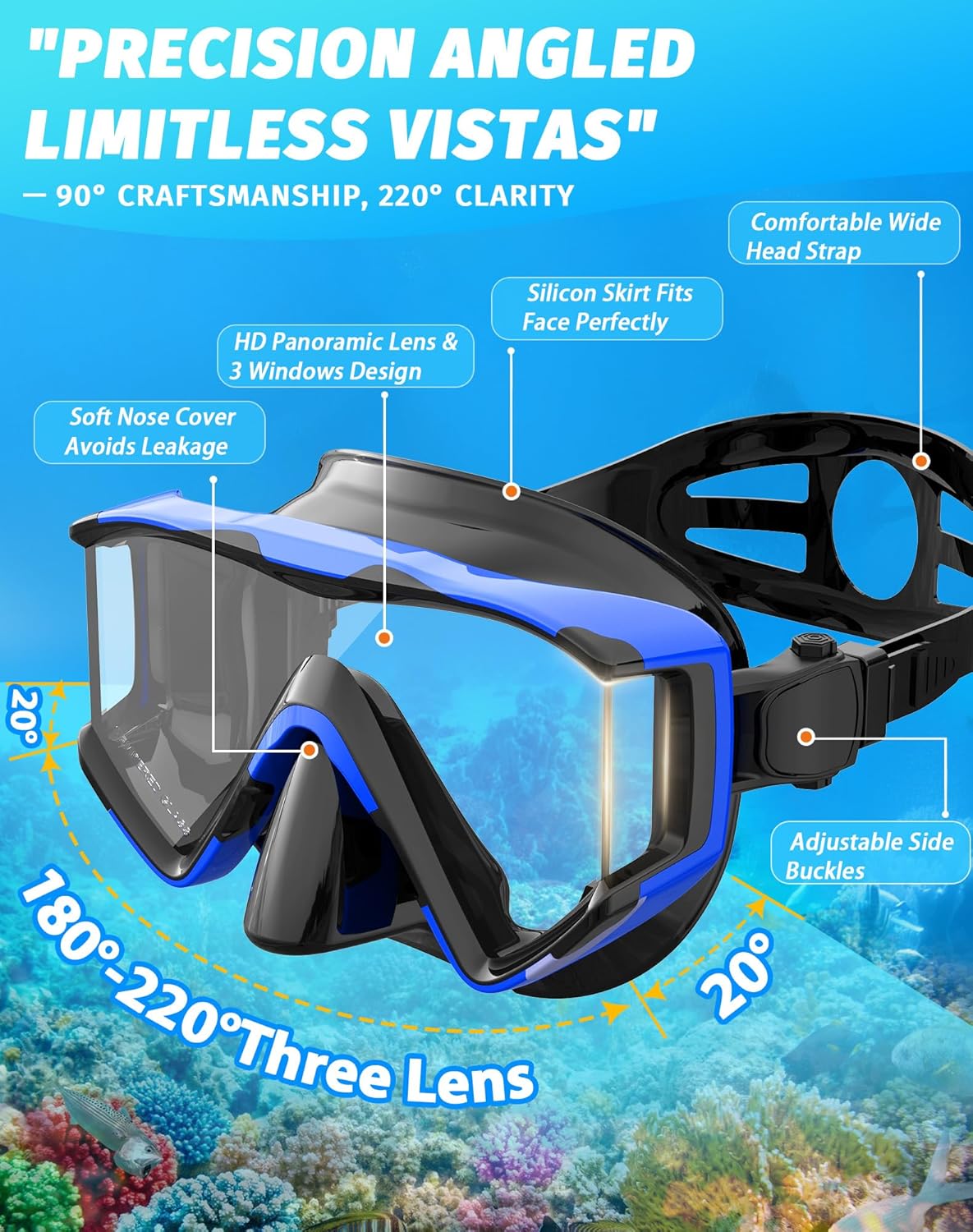 Greatever Snorkel Set Pano 3 Window Snorkel Mask Adult, Panoramic Wide View, Anti-Fog Scuba Diving Mask, Anti-Leak Snorkel Goggles Dry Top Snorkel, Professional Snorkeling Gear for Adults - Image 2
