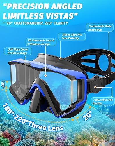 Miniatura 2 de Greatever Juego de esnórquel Pano de 3 ventanas para adultos, vista panorámica amplia, máscara de buceo antivaho, antifugas, gafas de esnórquel con