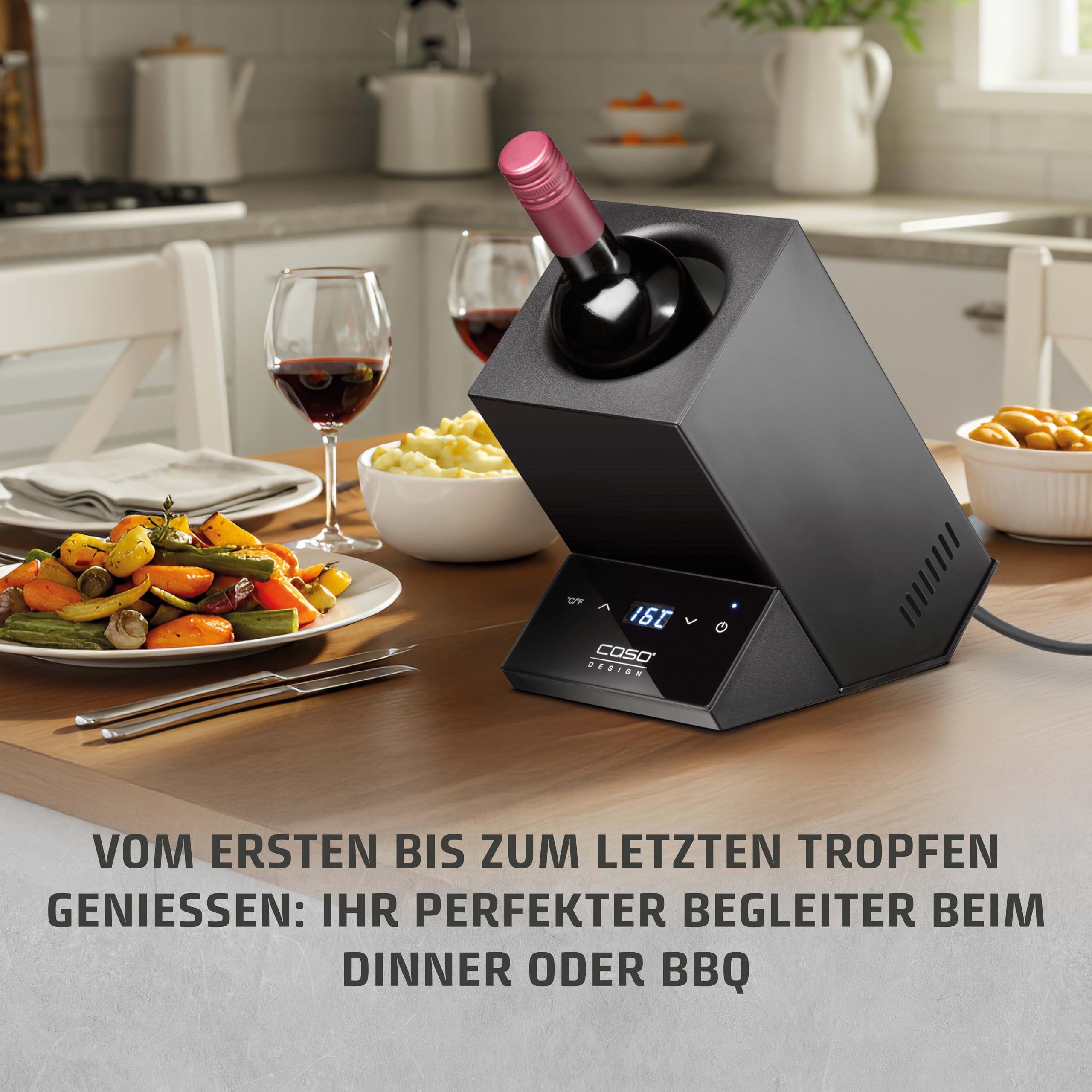 Caso WineCase One Black - Design Weinkühler für eine Flasche, Temperaturbereich von 5-18°C, für Flaschen bis 9 cm Ø, Sensor-Touch Bedienung, Schwarzes Edelstahlgehäuse, LED Display