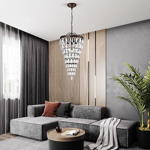 Miniatura 7 de Vinilky Candelabro de cristal, lámpara colgante de granja E12 x 4 base ajustable, cadena ajustable, lámpara de techo de metal vintage para cocina,