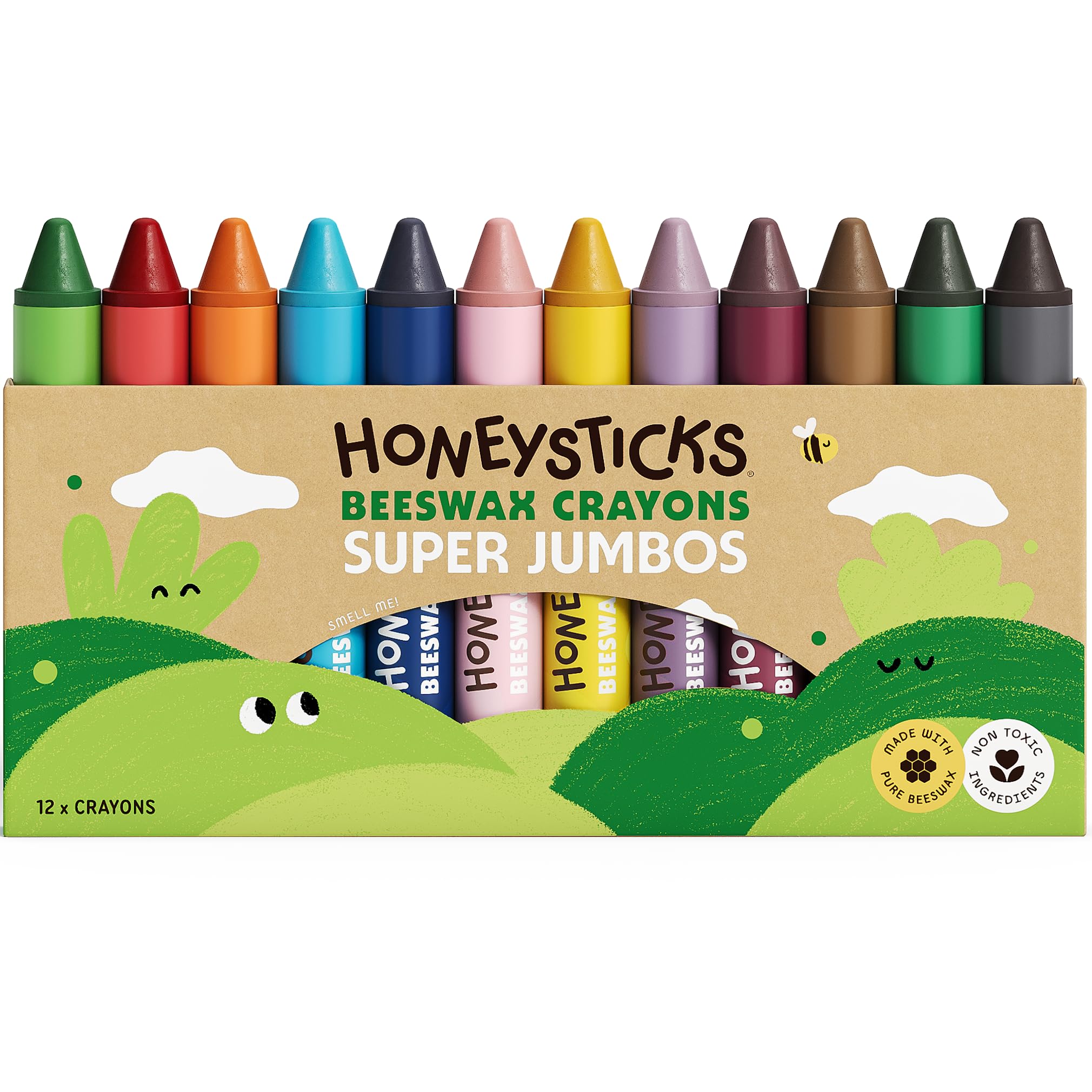 Honeysticks crayons super jumbo (12 unités) - 100% cire d'abeille, couleurs alimentaires, non toxiques, incassables, extra grands, faciles à tenir, écologiques, 1-3 ans