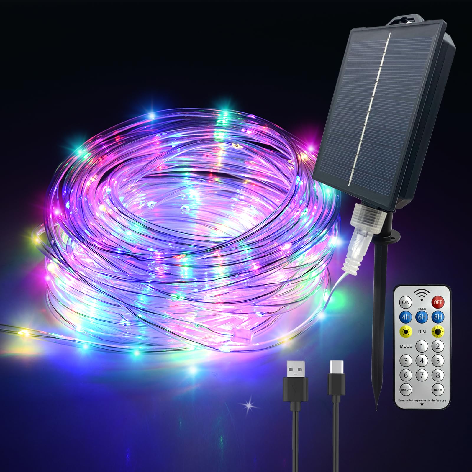 GRLAIP Solar Rope Lights For Outside Waterproof, 8 Lighting Modes，20M/66ft 200 LED String Lights USB & Solar Powered, Fairy Lights with Remote for DIY Tree Lights for Party Garden Patio Decor