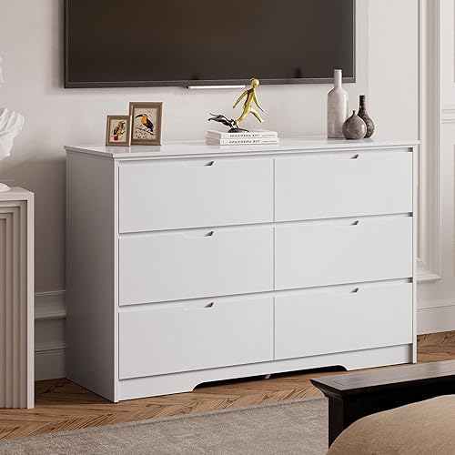 Miniatura 6 de Cómoda blanca con 6 cajones para dormitorio, cómoda doble grande de madera con asas ocultas, cómoda moderna de cajones profundos para pasillo,