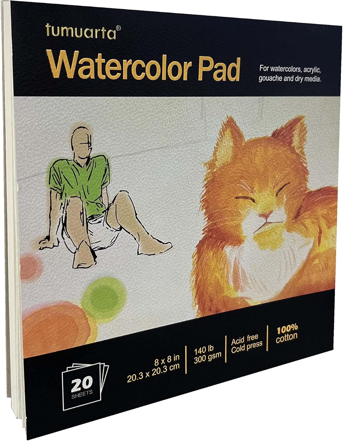 100 Cotton Watercolor Paper Pad, 300 GSM, 20.3X20.3 CM, Cold Press, 20