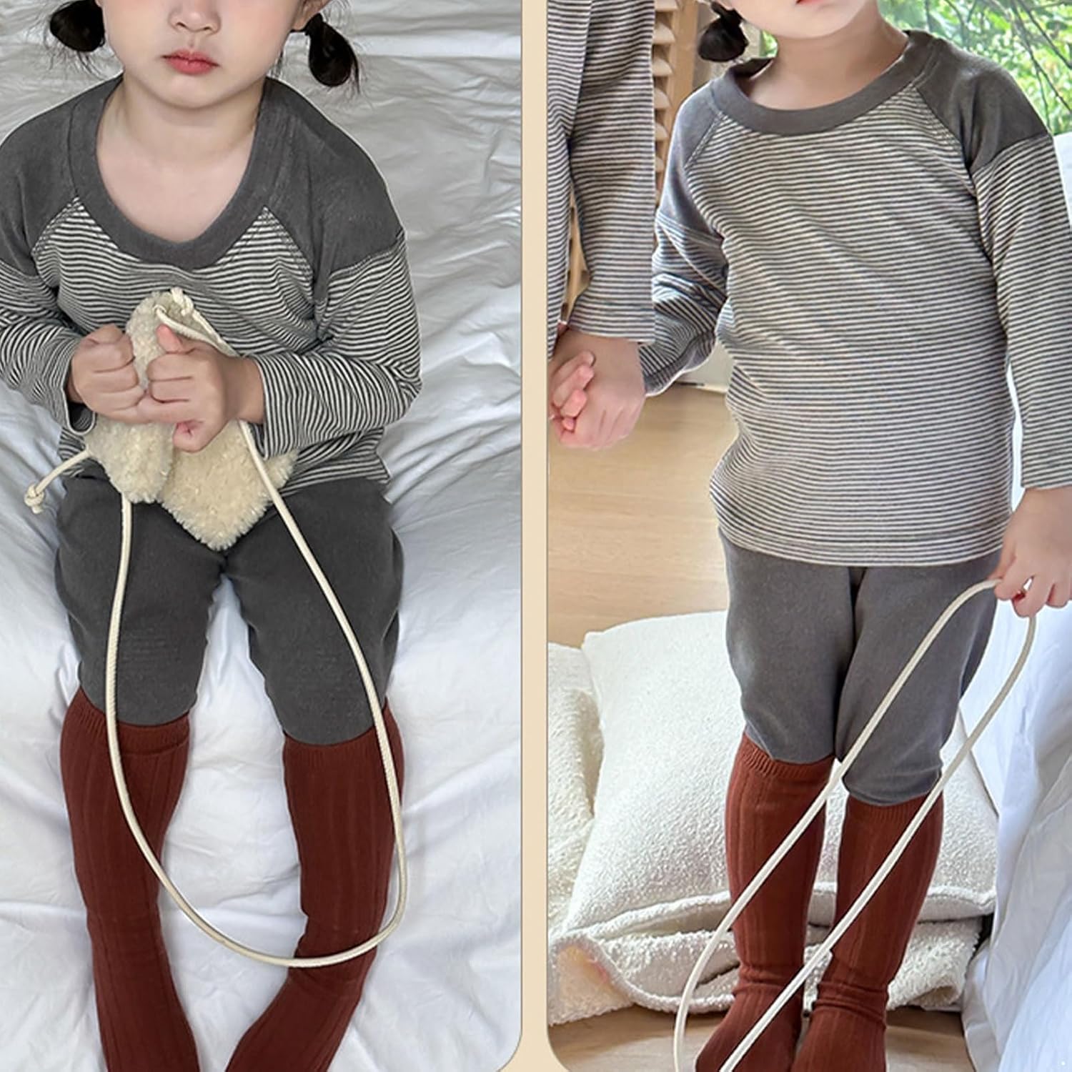Aislor Kids Boys Girls Thermal Underwear Set Striped Long Sleeve T-Shirt Base Layer Undershirt with Leggings Set