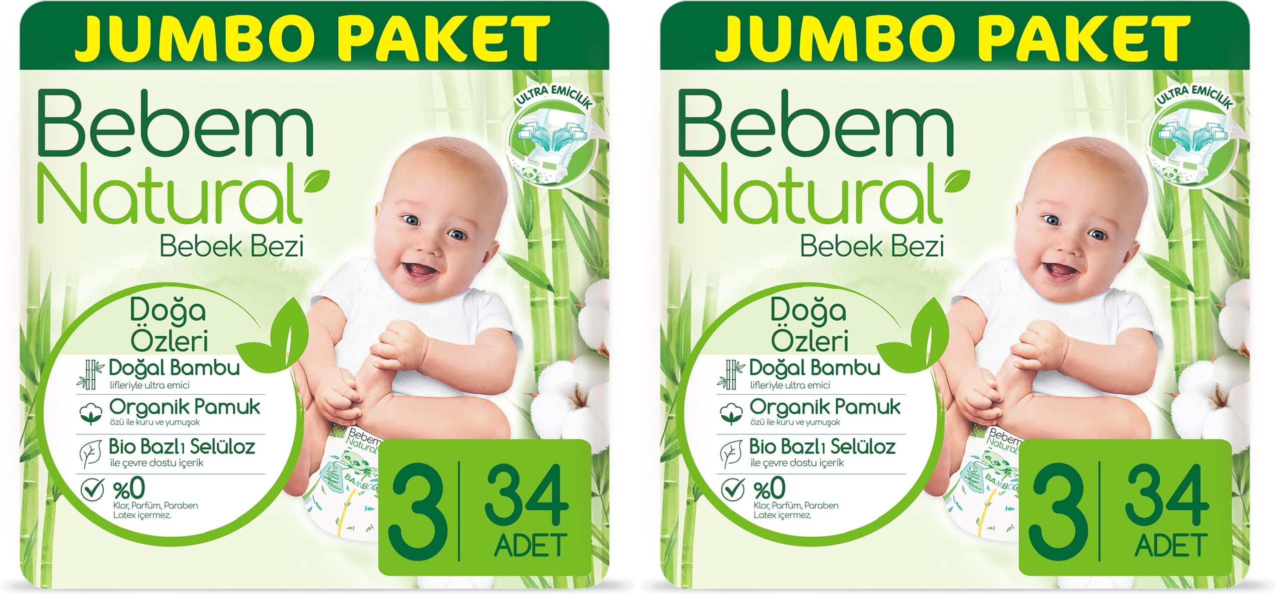 Bebem Natural Bebek Bezi 3 Beden Midi 34 Adet 2li paket