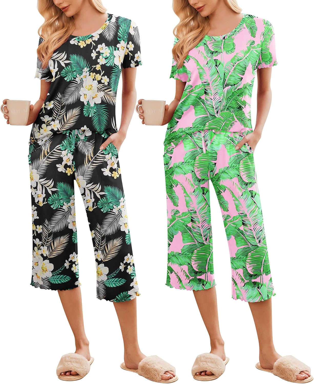 Ekouaer 2 Pack: Women's Pajamas Set Short Sleeve Sleepwear Capri Pants Pjs Soft Loungewear with Pockets