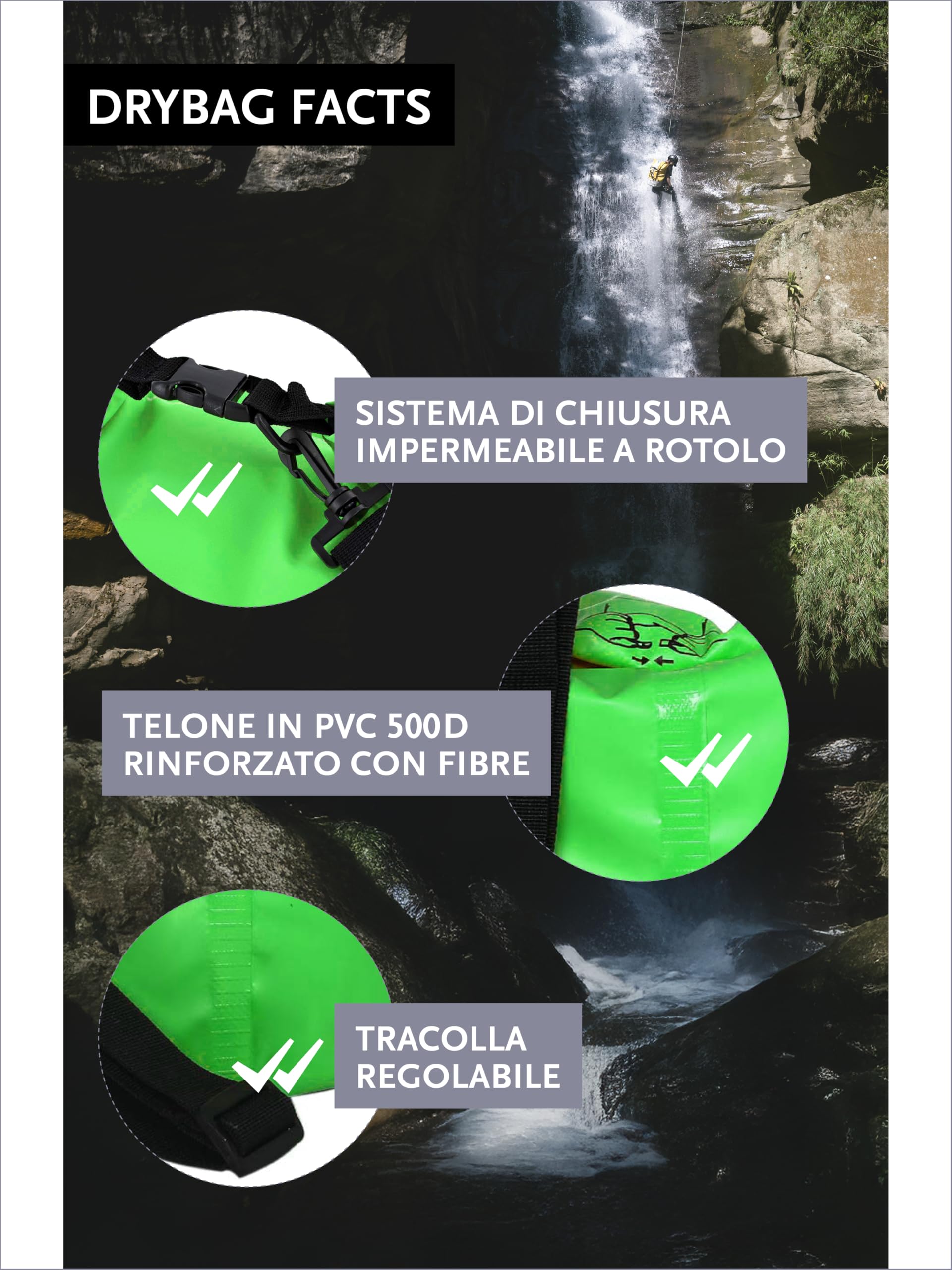 DonDon Dry Bag Borsa Impermeabile da 2l, 5l, 10l, 15l, 20l, 30l con Tracolla - 3