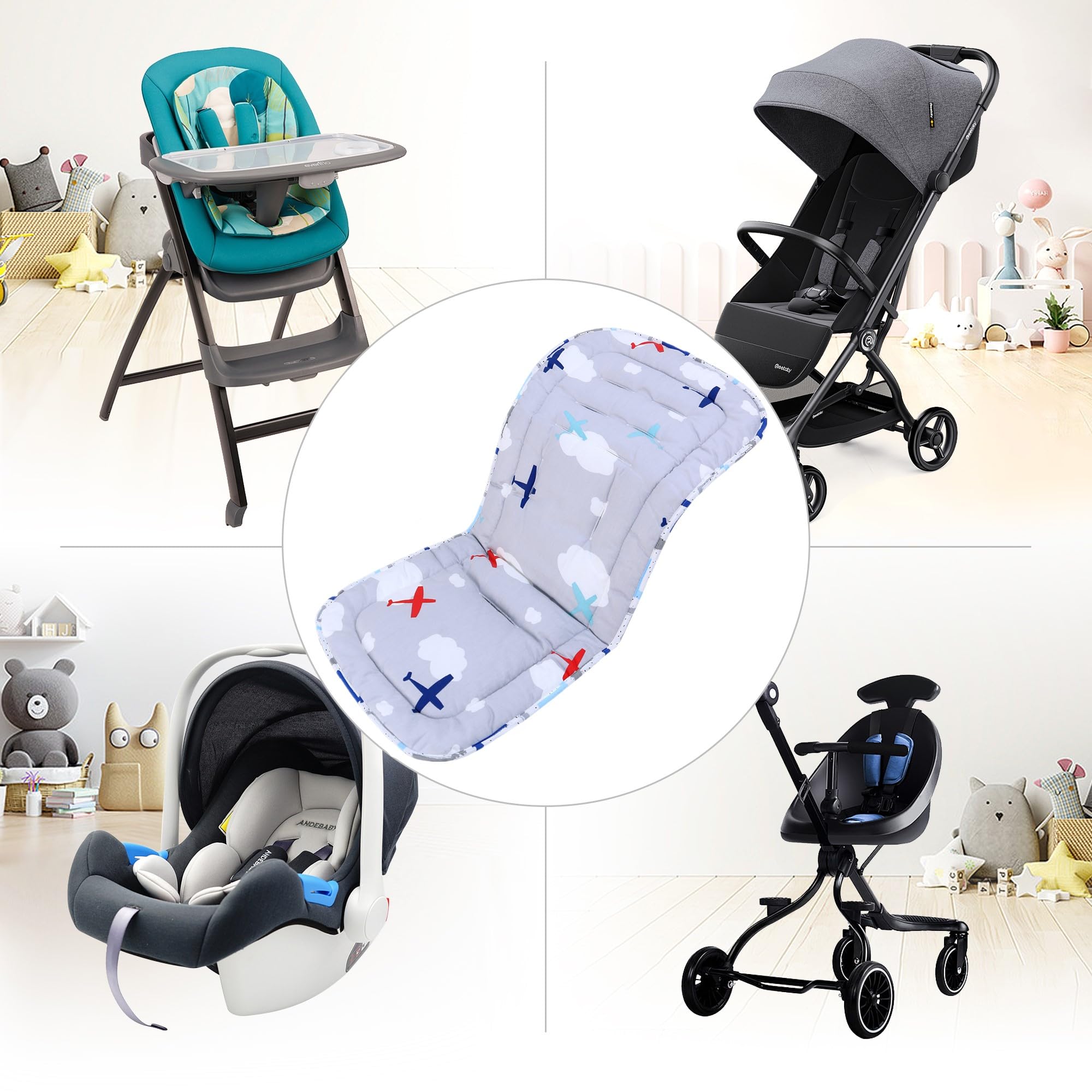 Baby Pushchair Seat Liners,Pram Liner Universal Fit for Most Pushchairs,100% Cotton Double-Sided Baby Stroller Cushion Pad,Stroller Pad Seat Cover for Toddler,1 Pack,78x34cm (Gray+Green) - Image 4