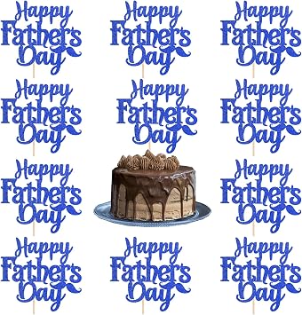 Happy Fathers Day Cake Toppers Set - 10Pcs Large Blue Glitter Fathers Day Cupcake Topper with Beard Design Moustache Love Father Cake Pick Best Dad Fathers Day Party Cake Decoration
