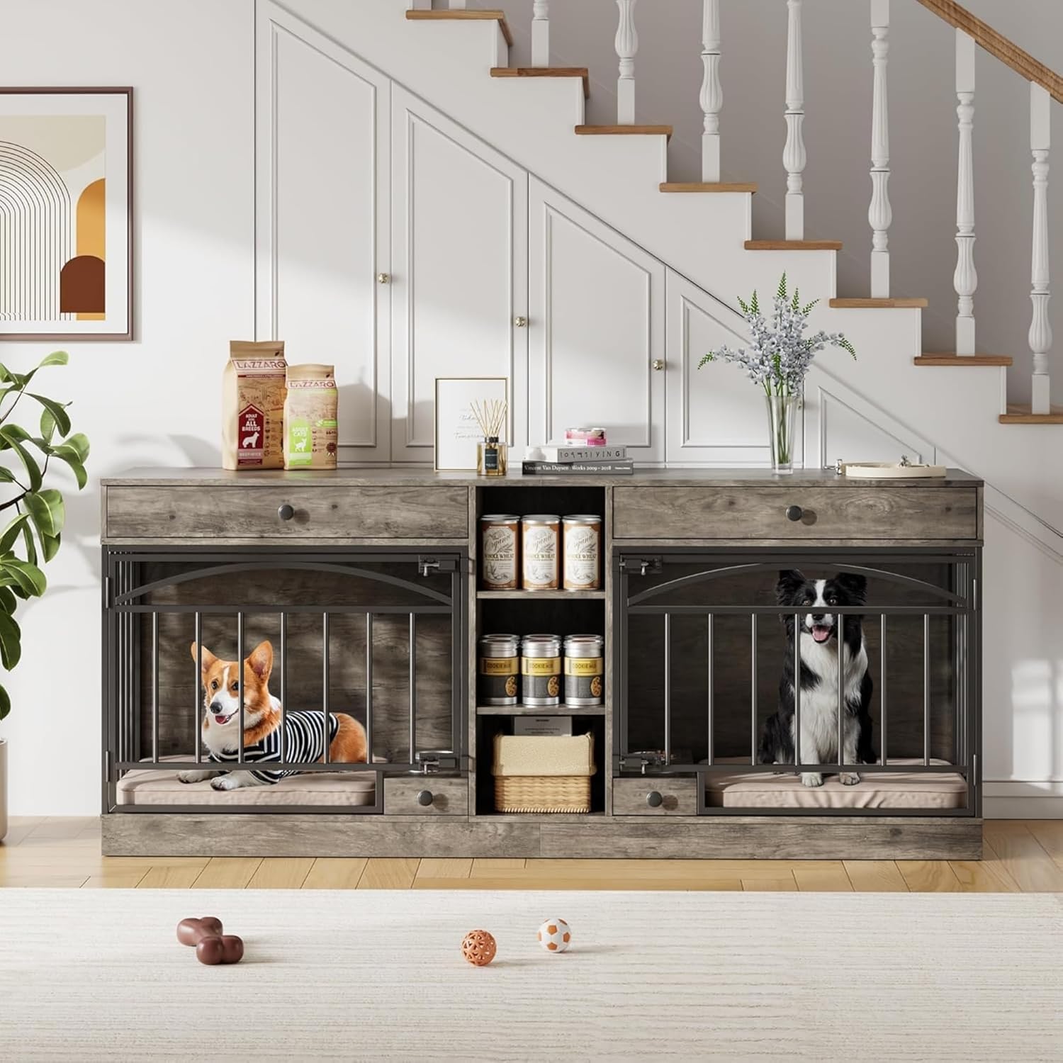 GarveeLife Double Dog Crate Furniture with Storage – 78.7" Large Indoor Kennel with 2 Drawers & 3 Shelves, Pet Crate TV Stand for Medium/Large Dogs, Gray