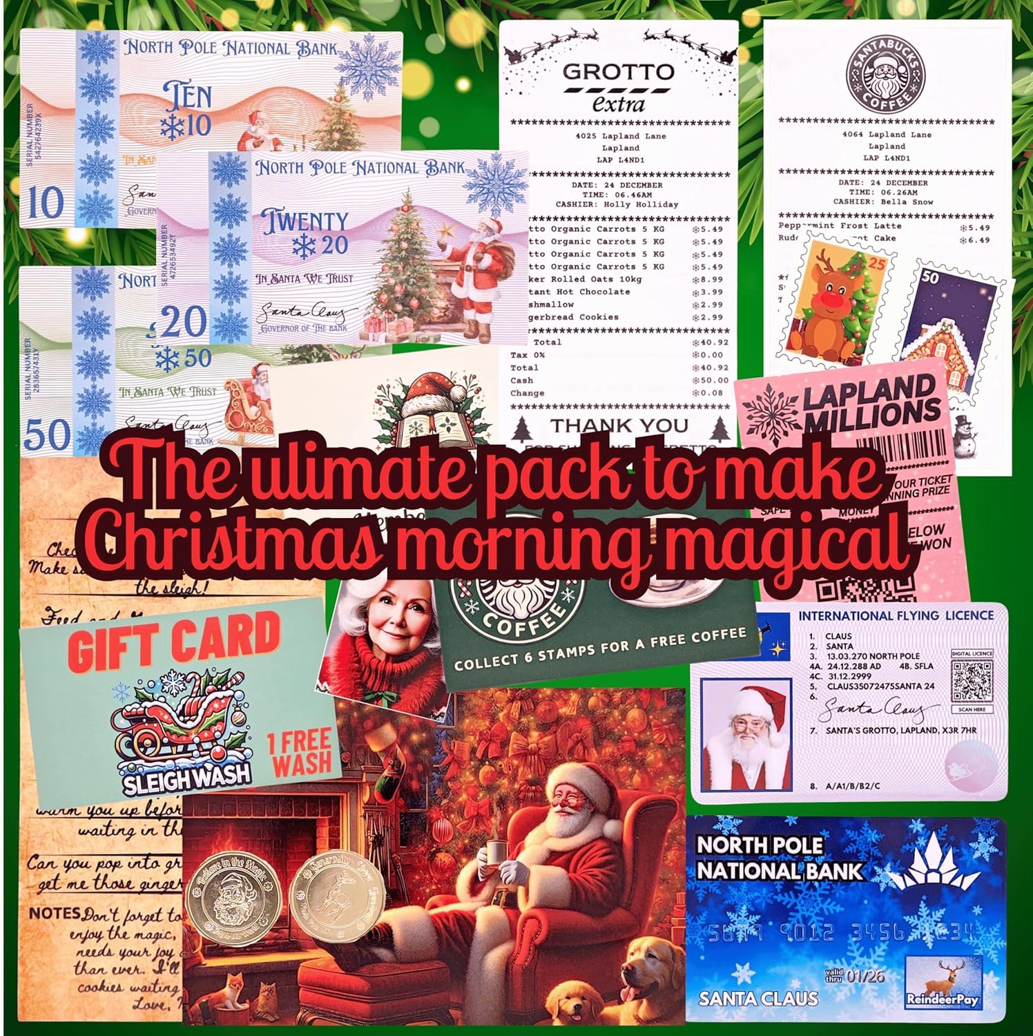 Santa's Lost Wallet with Contents (Money, Flying Licence, Payment Card, Receipt, Mrs Clauses Photo, North Pole Stamps, Lotto Voucher), Multi-Colour