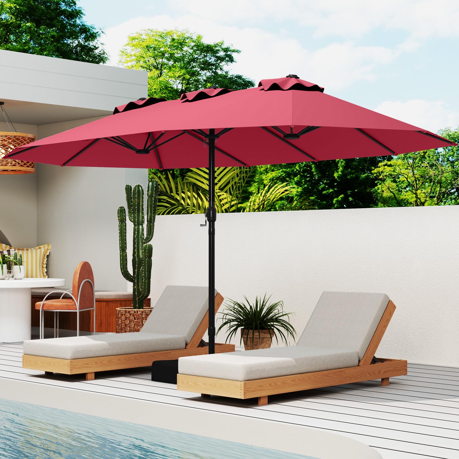 COSTWAY Parasol de Jardin Exterieur avec Pied, Parasol Double Face 4 M Rectangulaire pour 6-8 Personnes avec 2 Sacs de Sable, Manivelle, Ventilation, pour Terrasse, Patio, Piscine, Balcon, Bordeaux