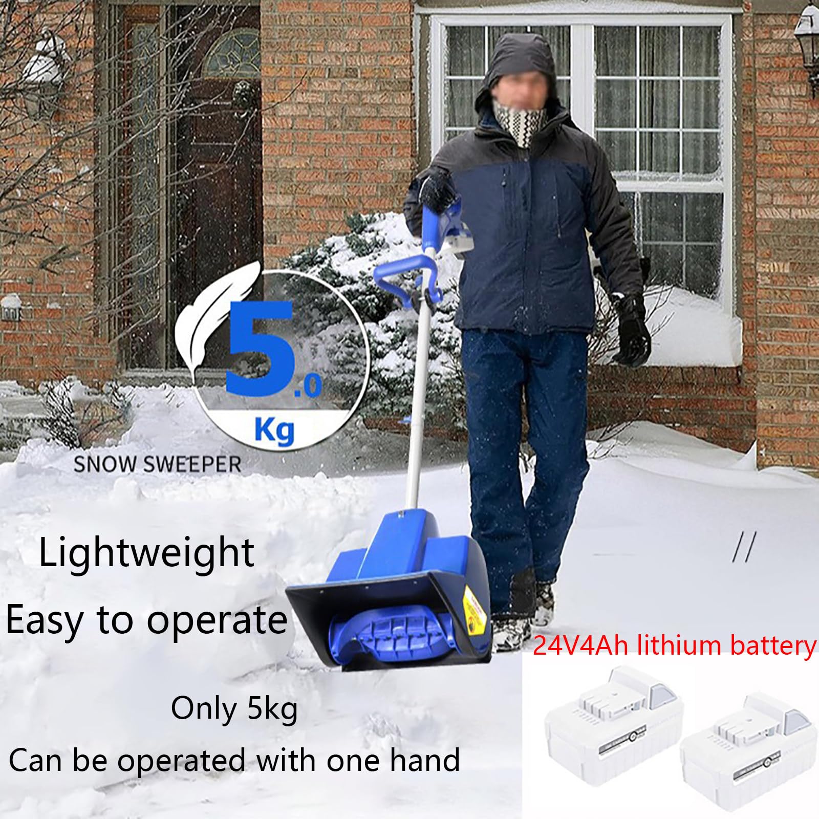 Pala da Neve elettrica Senza Fili, Larghezza 28 cm, spazzaneve a Batteria, con 2 batterie e caricabatteria rapido