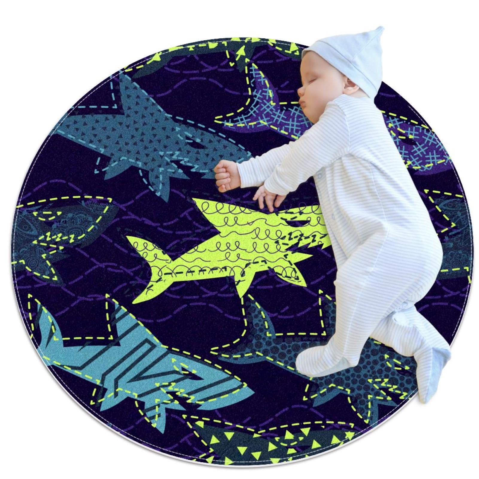 Tapis rond motif requins doux 100x100cm : tapis antidérapant salon et chambre enfant