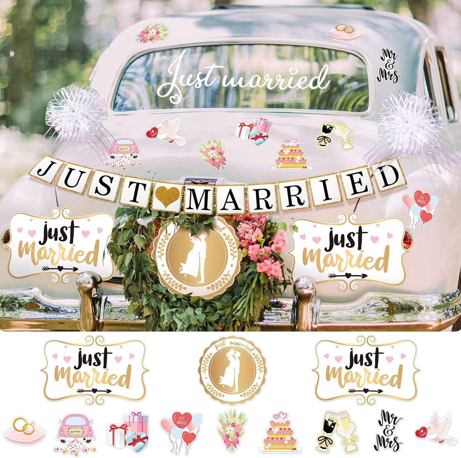 18 Pcs Just Married Wedding Car Decorations Include 12 Just Married Ornate Car Magnets Window Decal Sign Banner 4 Organza Pull Bows for Honeymoon Wedding