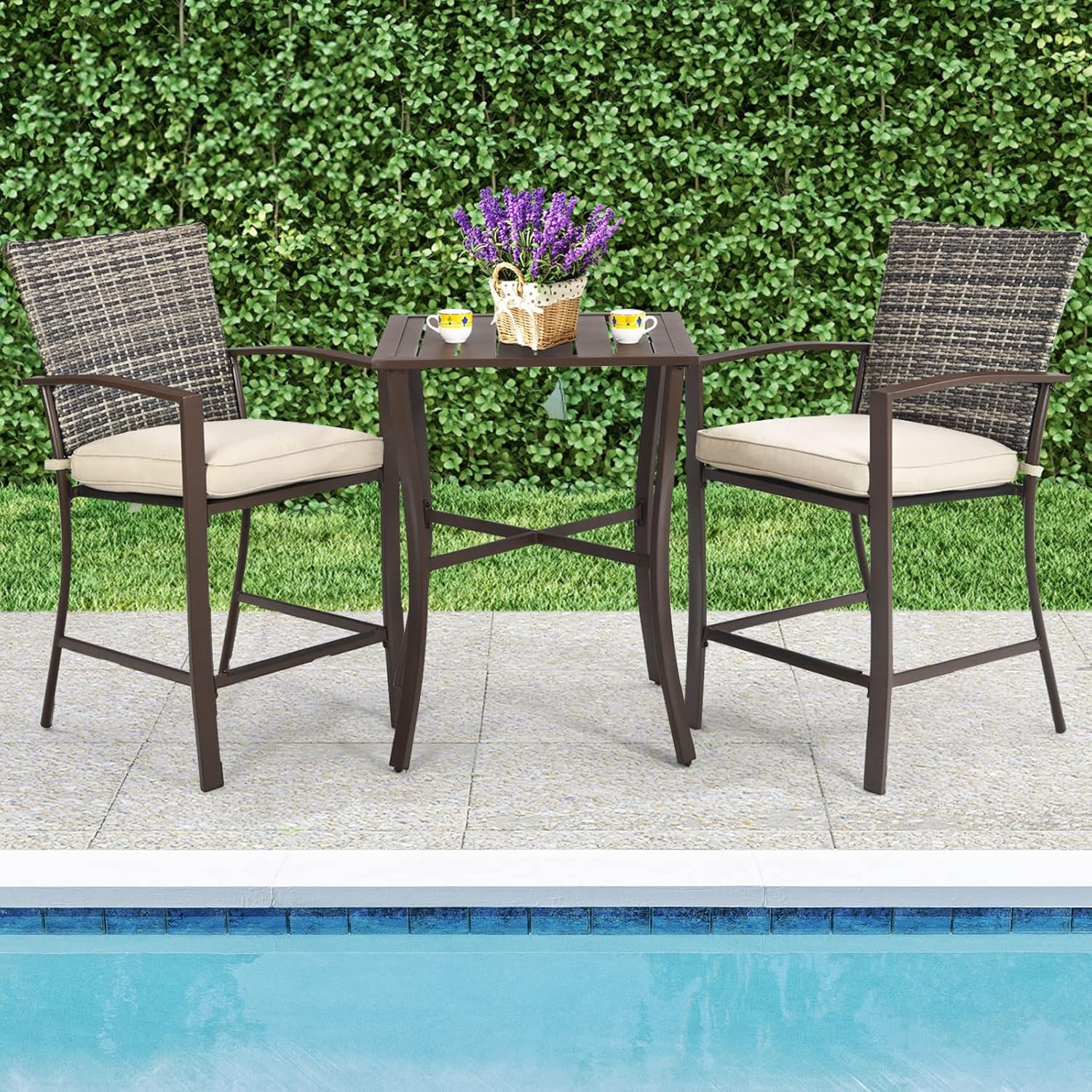 Tangkula 3 Piece Patio Bar Set, Outdoor Bar Stool Bistro Set w/ 27.5" Square Table, 2 Wicker Cushioned Chairs, Ergonomic Armrest & Backrest, All-Weather Outdoor Rattan Furniture Set