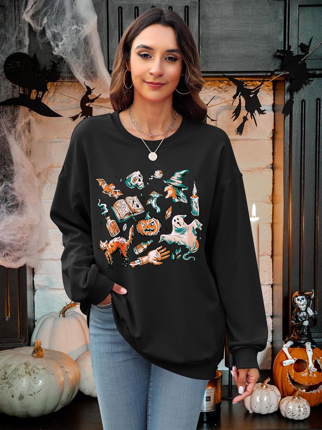 OUNAR Witch Shirts For Women Spooky Season Sweatshirt Oversized Halloween Crewneck Long Sleeve Vintage Fall Pullover Tops - Image 2