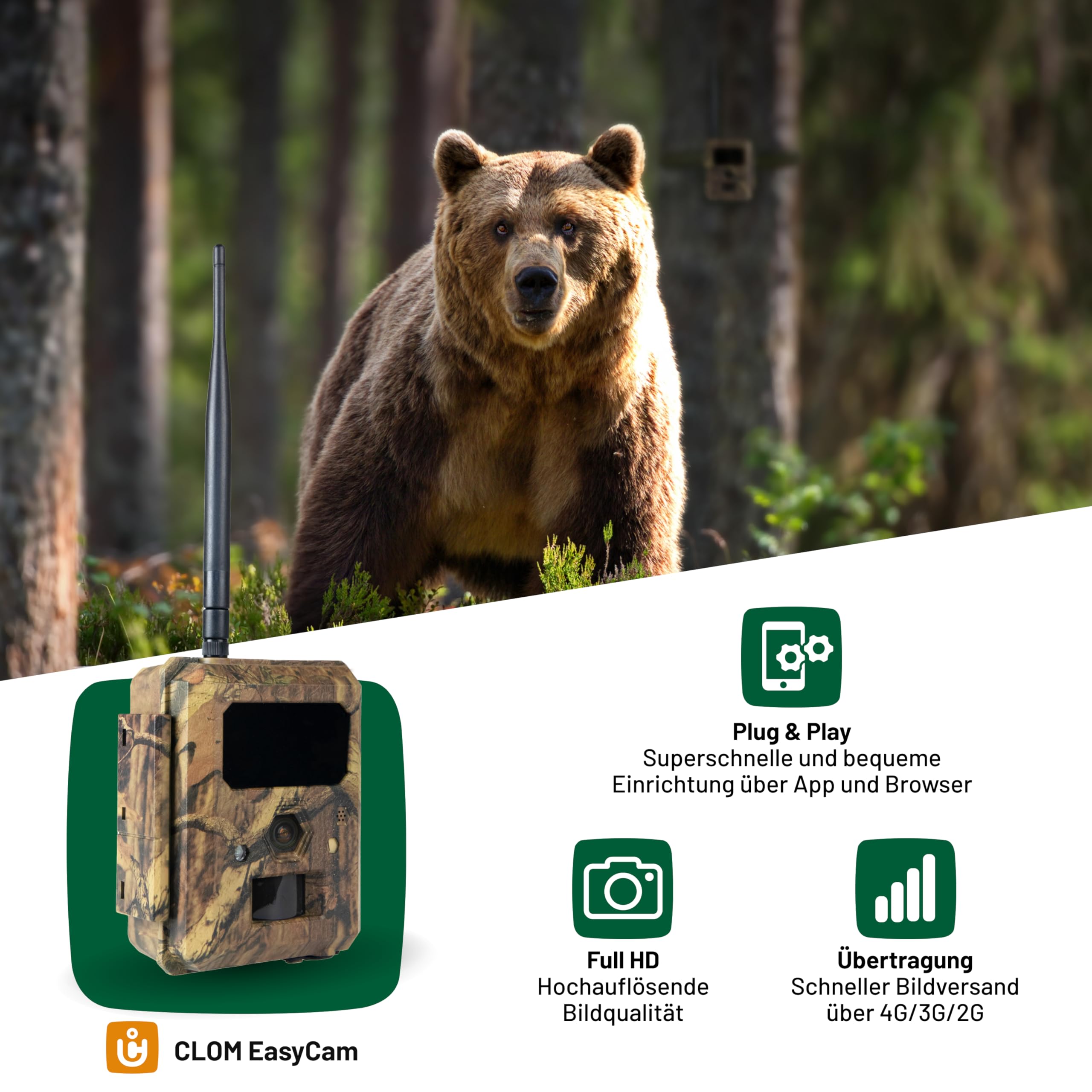 ICU CLOM EasyCam Outdoor Wildkamera – 50° Erfassungswinkel, 16GB SD-Karte, 4G/LTE Verbindung, Bewegungsmelder & App-Steuerung für Jagd & Überwachung