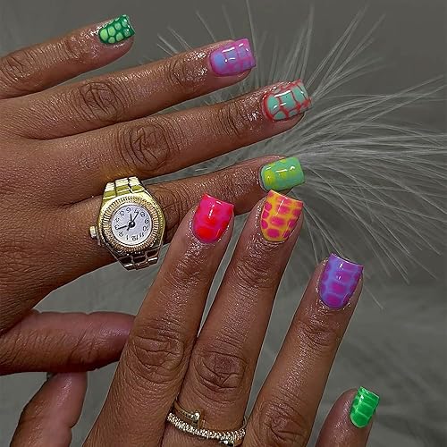 Miniatura 68 de MISUD Uñas postizas cuadradas cortas a presión, con pegamento brillante, uñas postizas de verano, uñas acrílicas coloridas con punta francesa, uñas