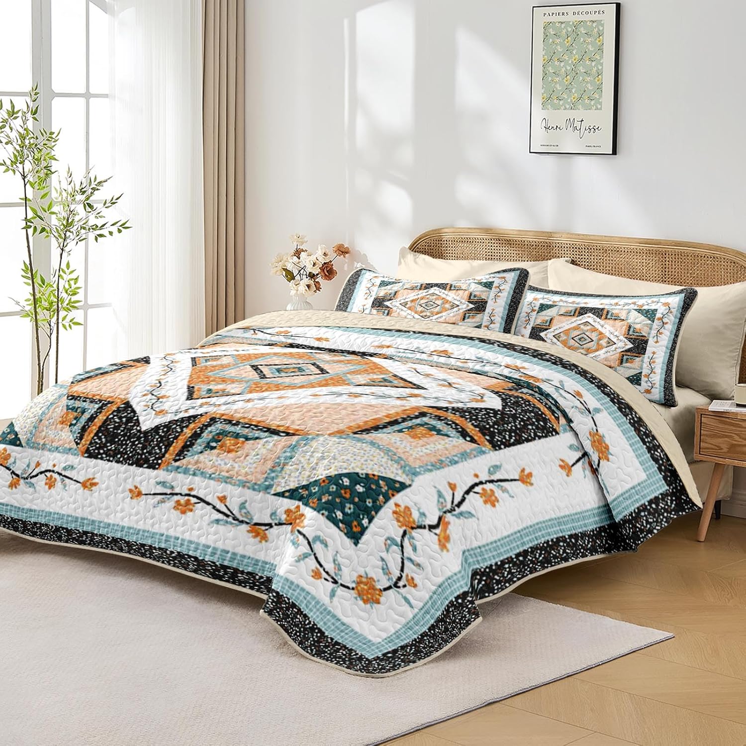 Quilt Set Full/Queen Size, Farmhouse Floral 3 Pcs Soft Bed Cover Bedding Set, Boho Rustic Geometric Lightweight Bedspread Coverlet with 2 Pillow Sham for All Season