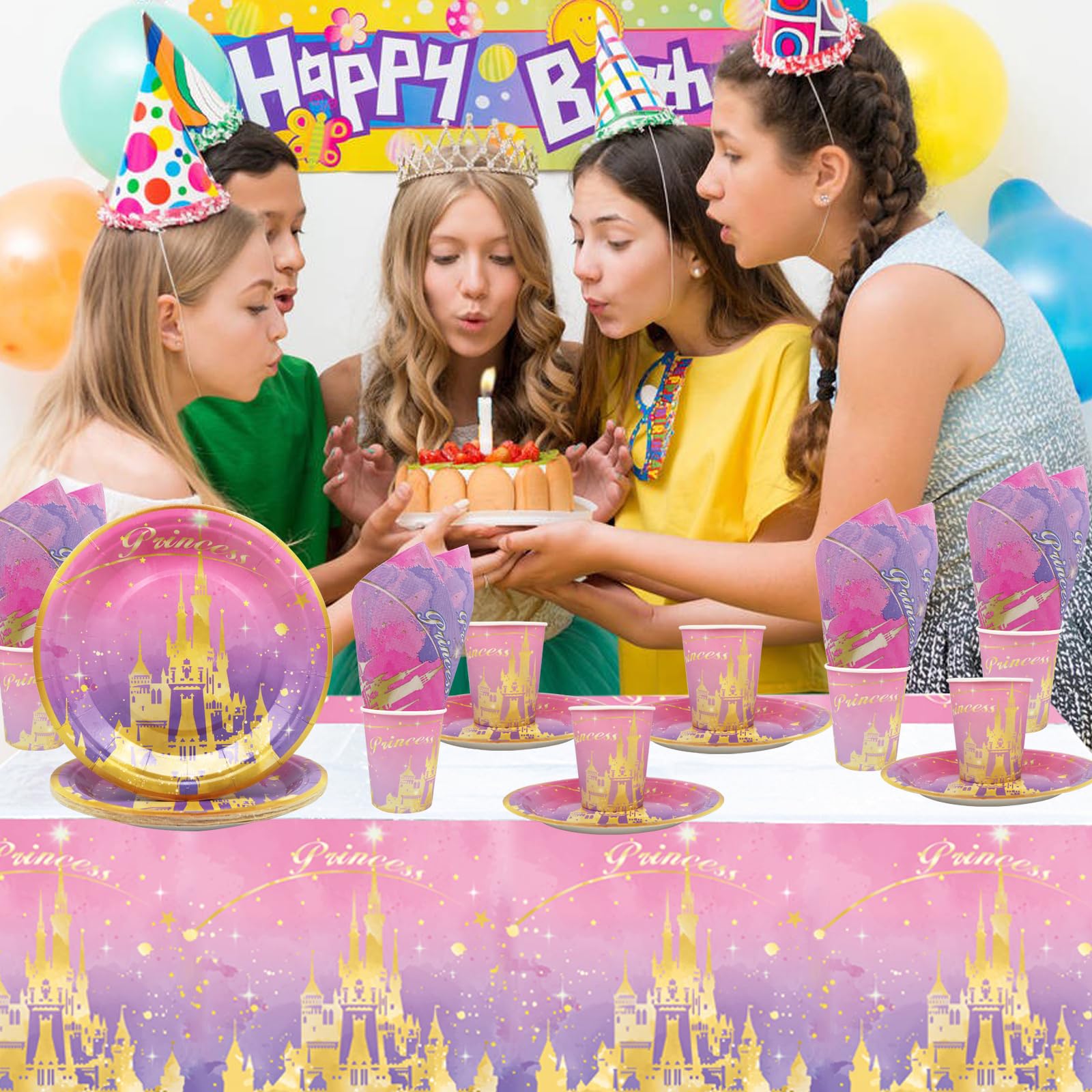 62 pezzi Bambini Set di Stoviglie per Compleanno,Doyomtoy Principesse per Festa di Complean Set Feste Piatti di Compleanno,Tazze,Tovaglioli,Tovaglie,Bandiera a triangolo Set di stoviglie Princess