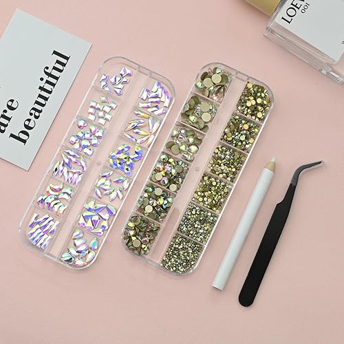 Miniatura 5 de 2120 diamantes de imitación Ab para uñas con parte trasera plana, redondos, multiformas, diamantes de imitación para uñas acrílicas, vidrio, con