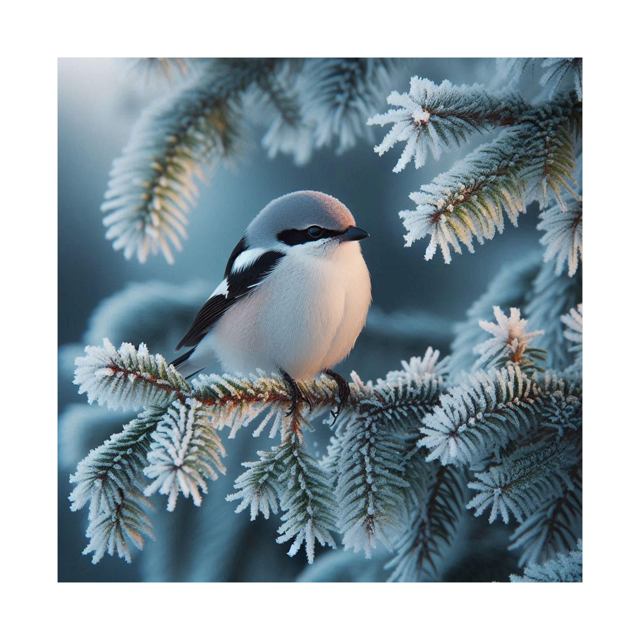 Northern Shrike Perched on Frosty Hemlocks Poster - 18x18 Inch Matte Print - Made in USA