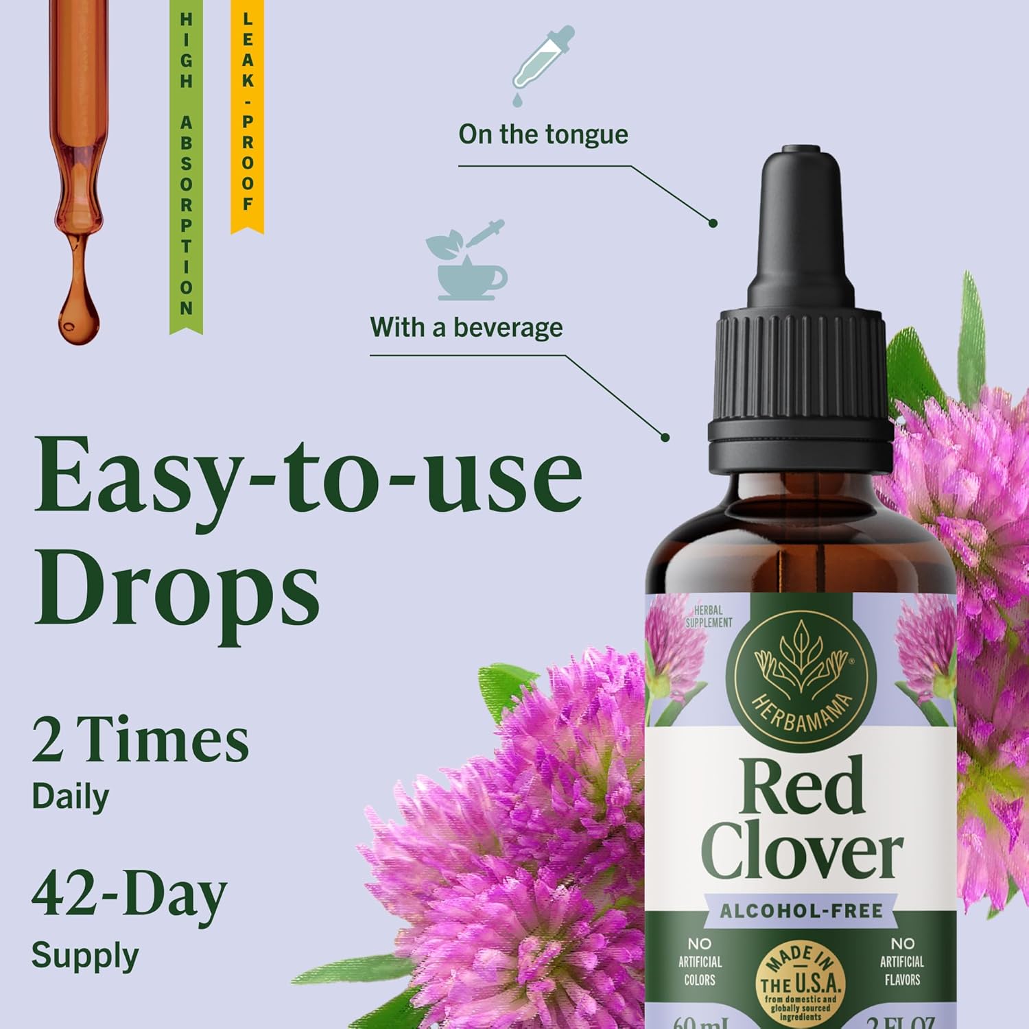 HERBAMAMA Red Clover Supplement Drops - Vegan Red Clover Extract for Women's Support - Non-GMO, Alcohol & Sugar-Free Antioxidant Tincture, 42-Day Supply - Image 6