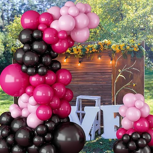 Miniatura 5 de Kit de arco de guirnalda de globos rosa intenso negro, globos de látex de color rosa rojo, negro y rosa para baby shower, boda, cumpleaños,