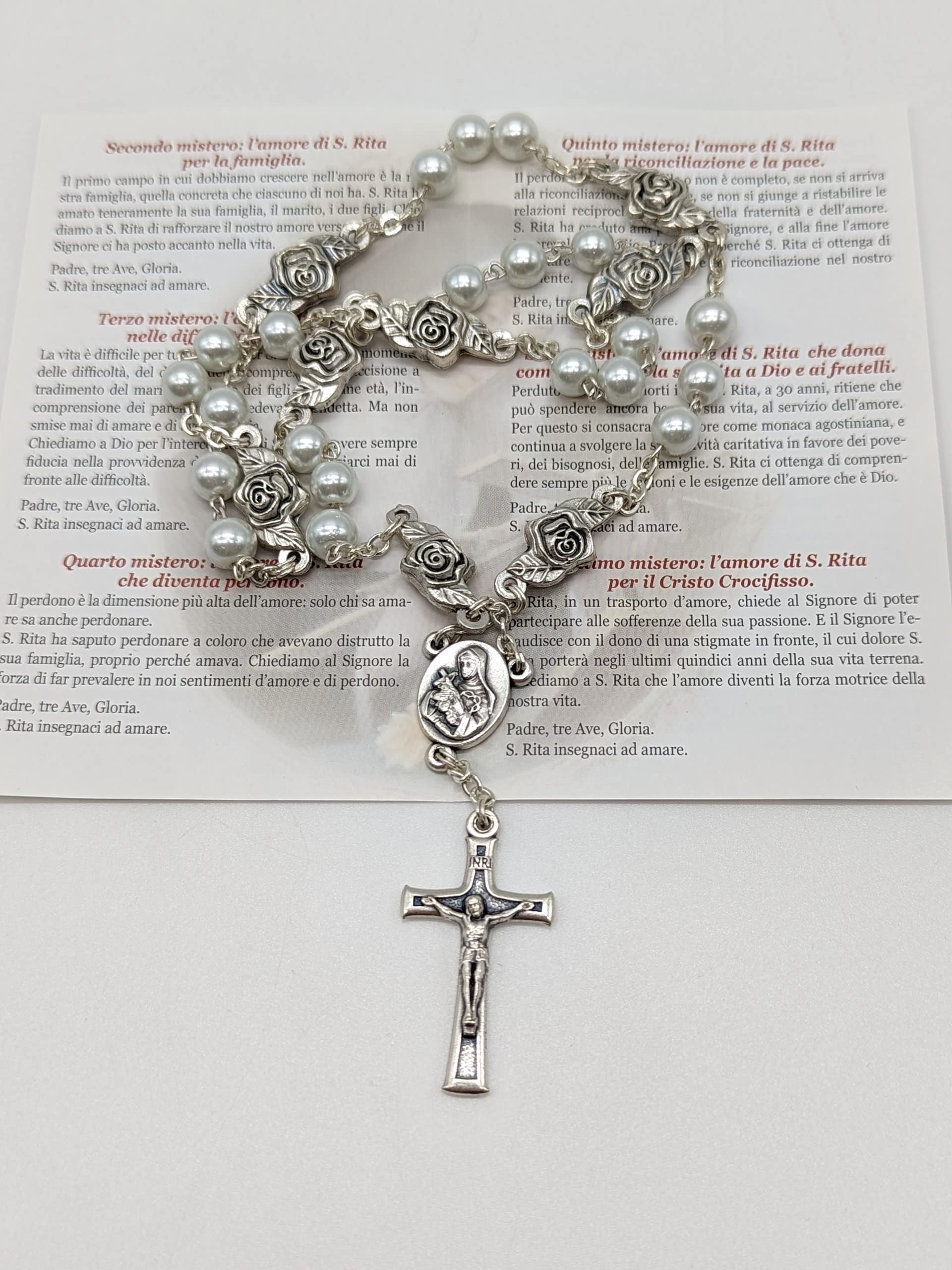 OVUNQUE PROTEGGIMI Rosario di Santa Rita da Cascia in Simil Perla Lungo cm 32 (12.59'') e Preghiera. Coroncina di Santa Rita. Rosary Chaplet of Saint Rita (Pater con Rosa)