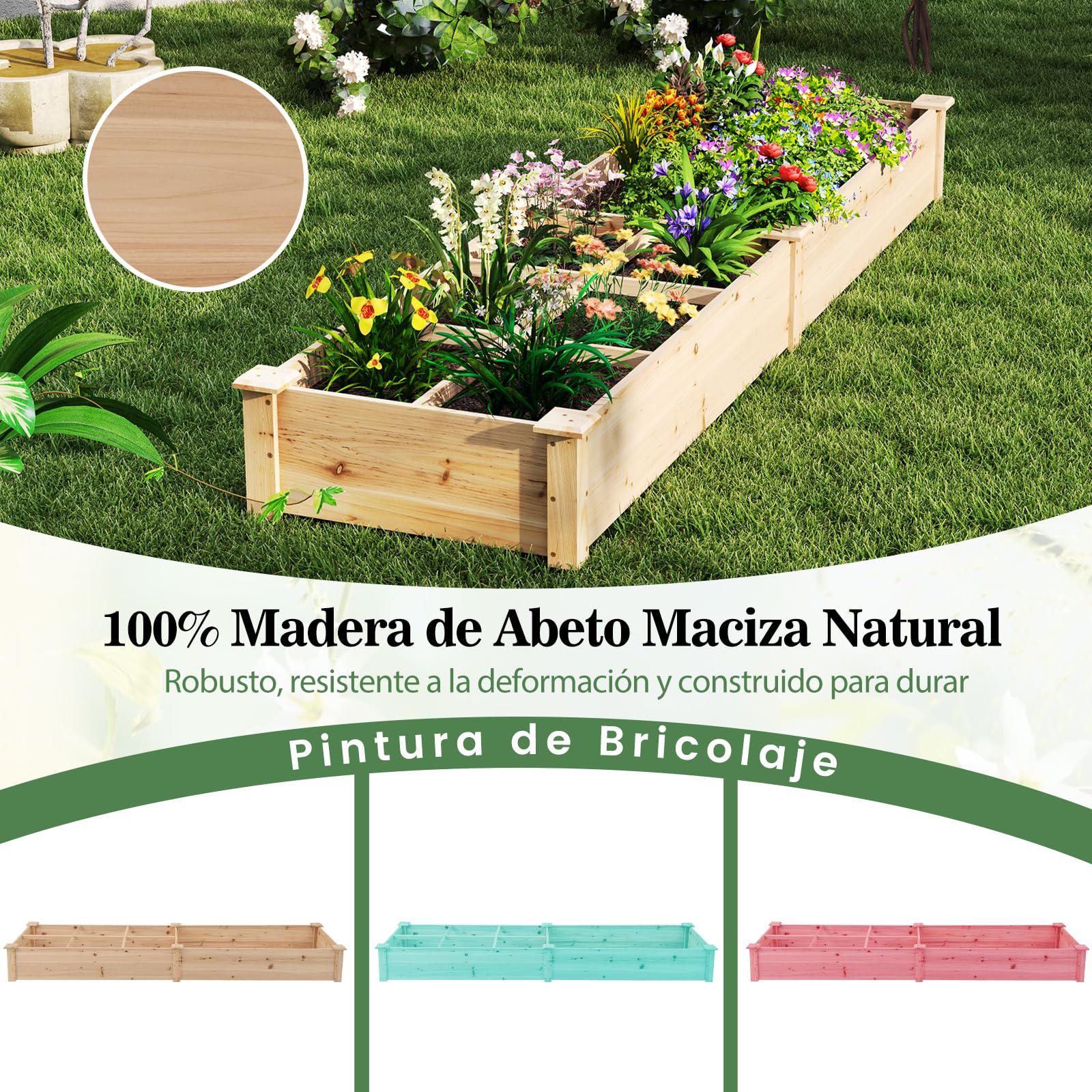 COSTWAY Huerto Urbano Exterior, 228x62x25 cm, Jardinería Elevada de Madera, Cama Elevada de Jardín con 2 Cajas de Cultivo y Divisores para Flores, Vegetales, Jardineras para Patio Césped (Natural)