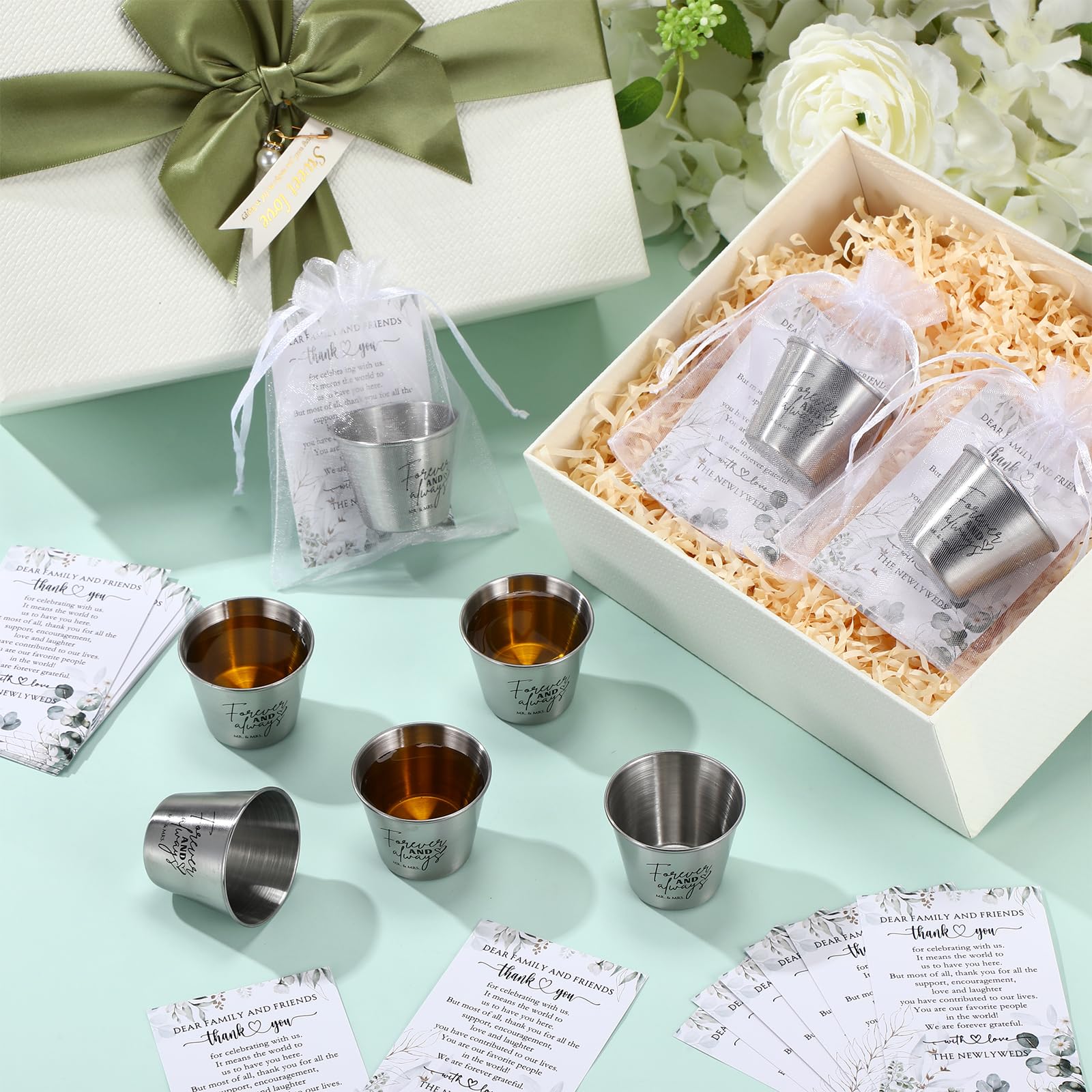 Nuogo Set di 25 bicchierini da shot Forever and Always in acciaio inox, con sacchetti in organza, per ospiti, matrimoni, sposi, addio al nubilato