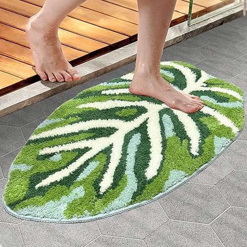 Alfombra de baño de hojas verdes, alfombra de baño con plantas tropicales, bonita decoración, 18 x 29 pulgadas, antideslizante, absorbente, suave,