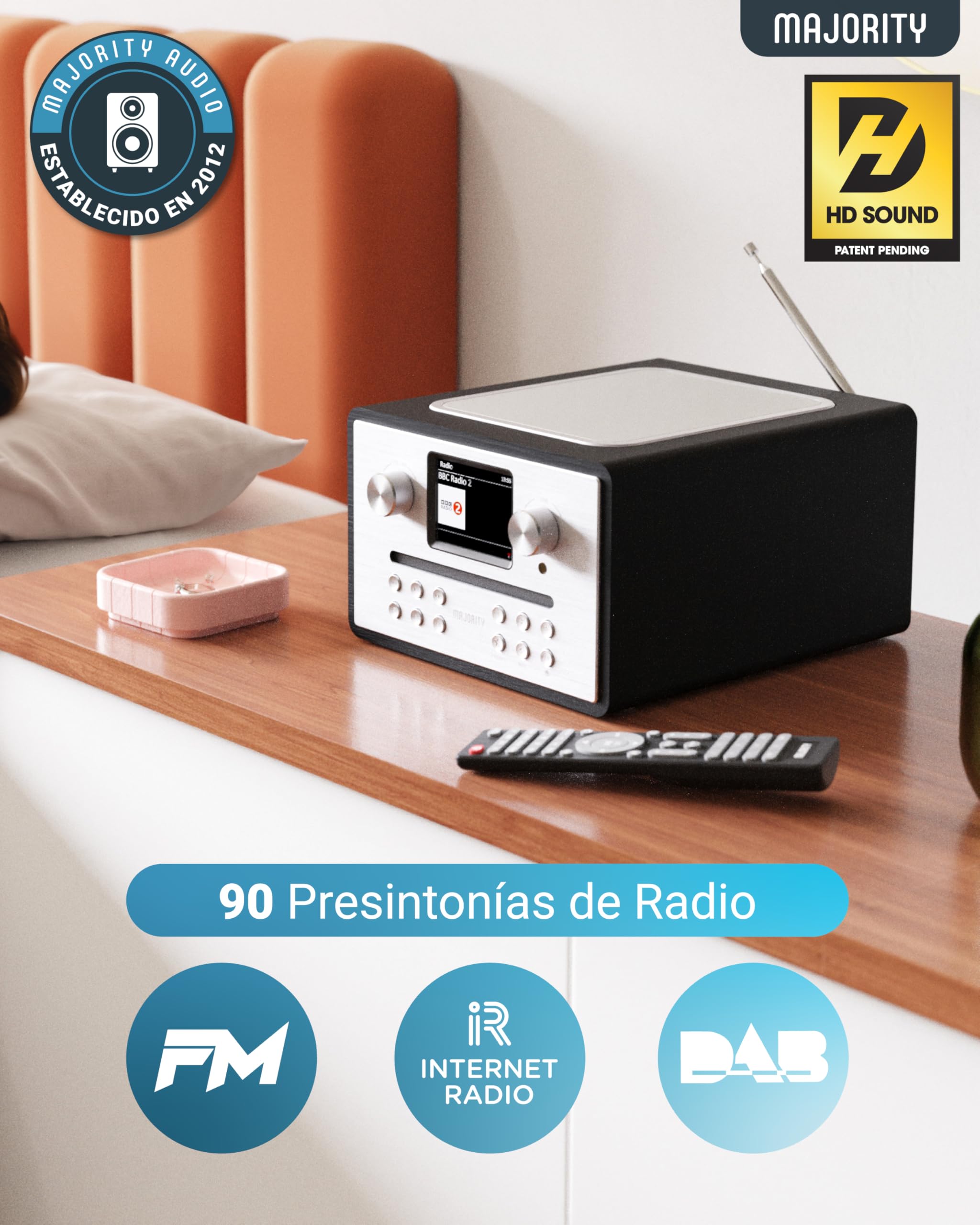 MAJORITY Homerton Radio Internet con Reproductor de CD | Radio WiFi con Dab+, Bluetooth y Despertador | Spotify Connect, Podcasts, FM, 90 Preajustes | EQ Personalizado y Mando a Distancia (Negro)