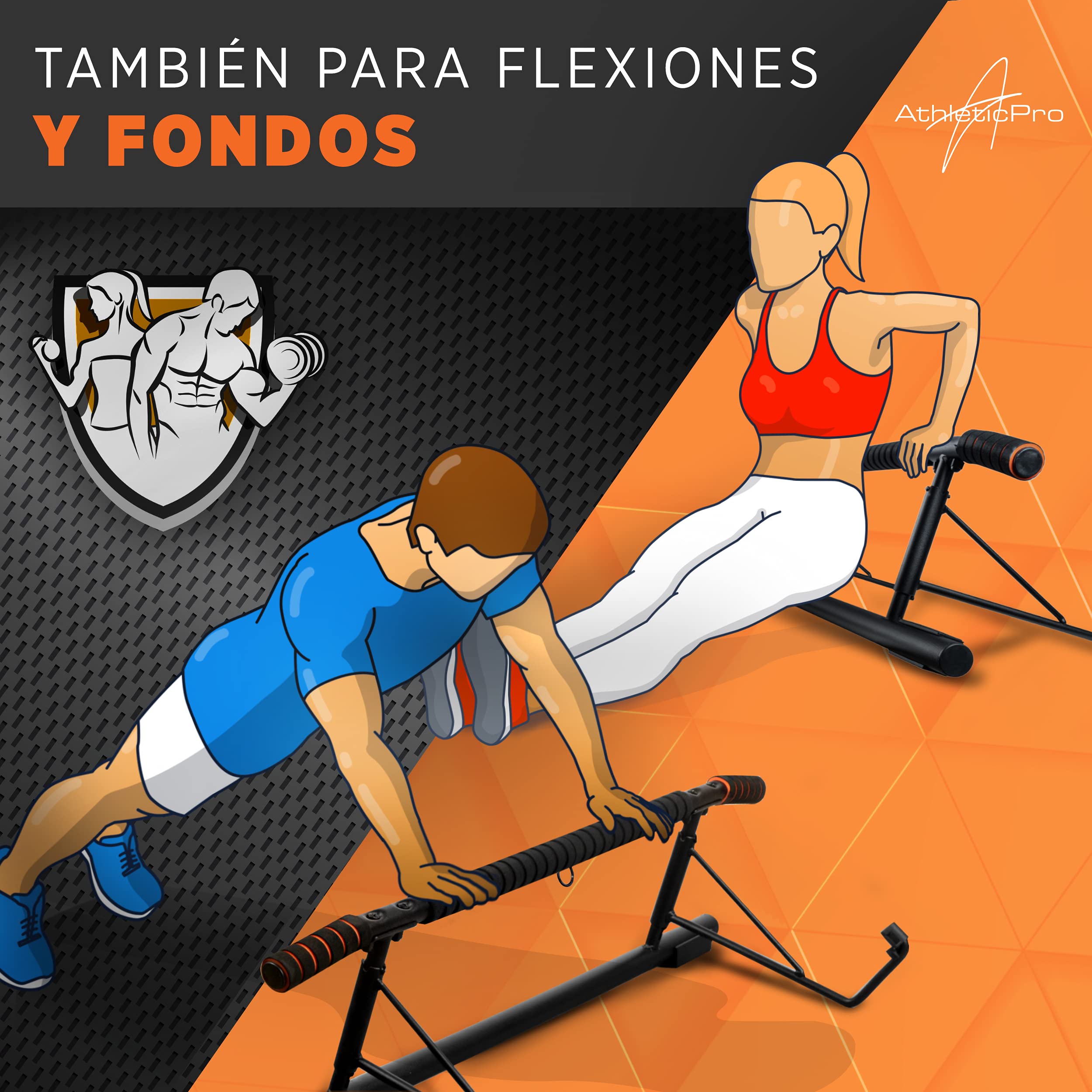 AthleticPro Barra de Dominadas para Marco de Puerta sin Taladrar – Barra de Pull Up Resistente para Colgar [puertas hasta 90cm] – Para Dominadas, Fondos y Flexiones con Banda Elástica